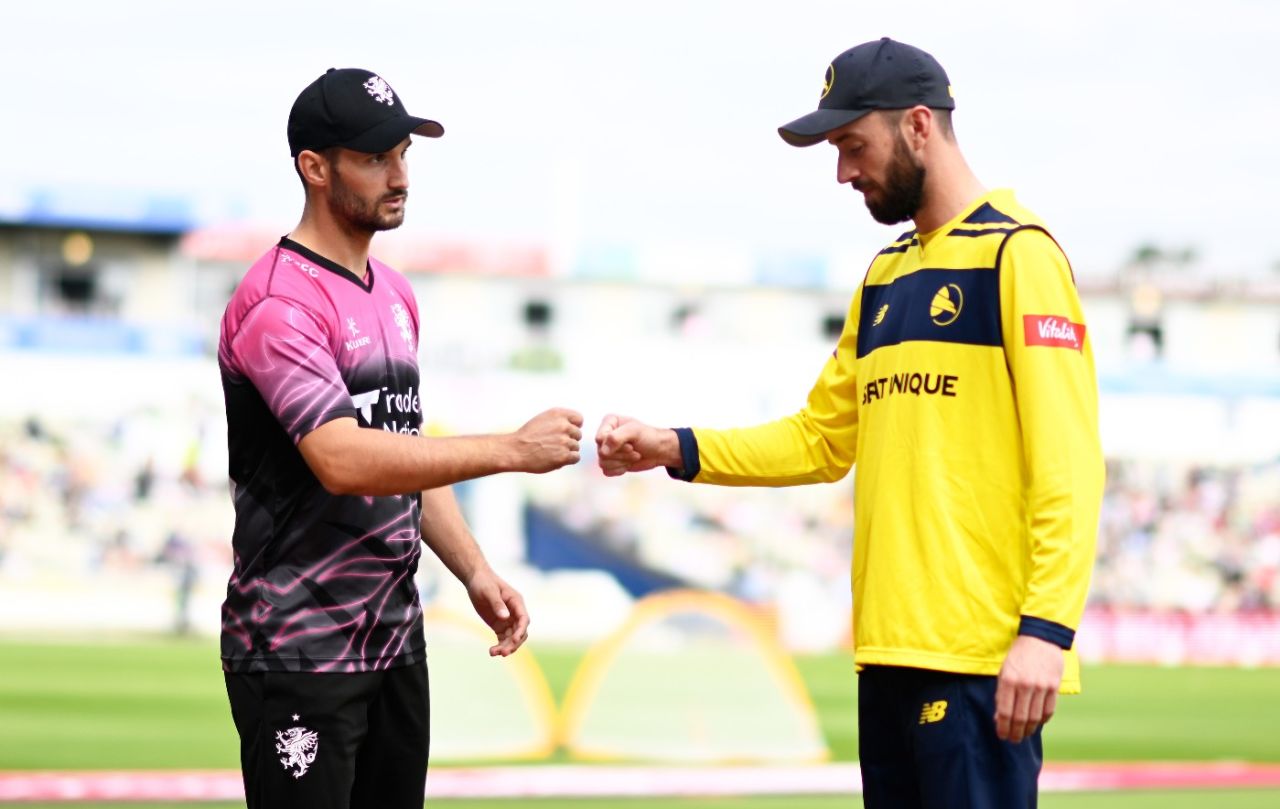 Lewis Gregory and James Vince bump fists at the toss, Somerset vs Hampshire, 1st semi-final, Vitality Blast, Edgbaston, September 18, 2021