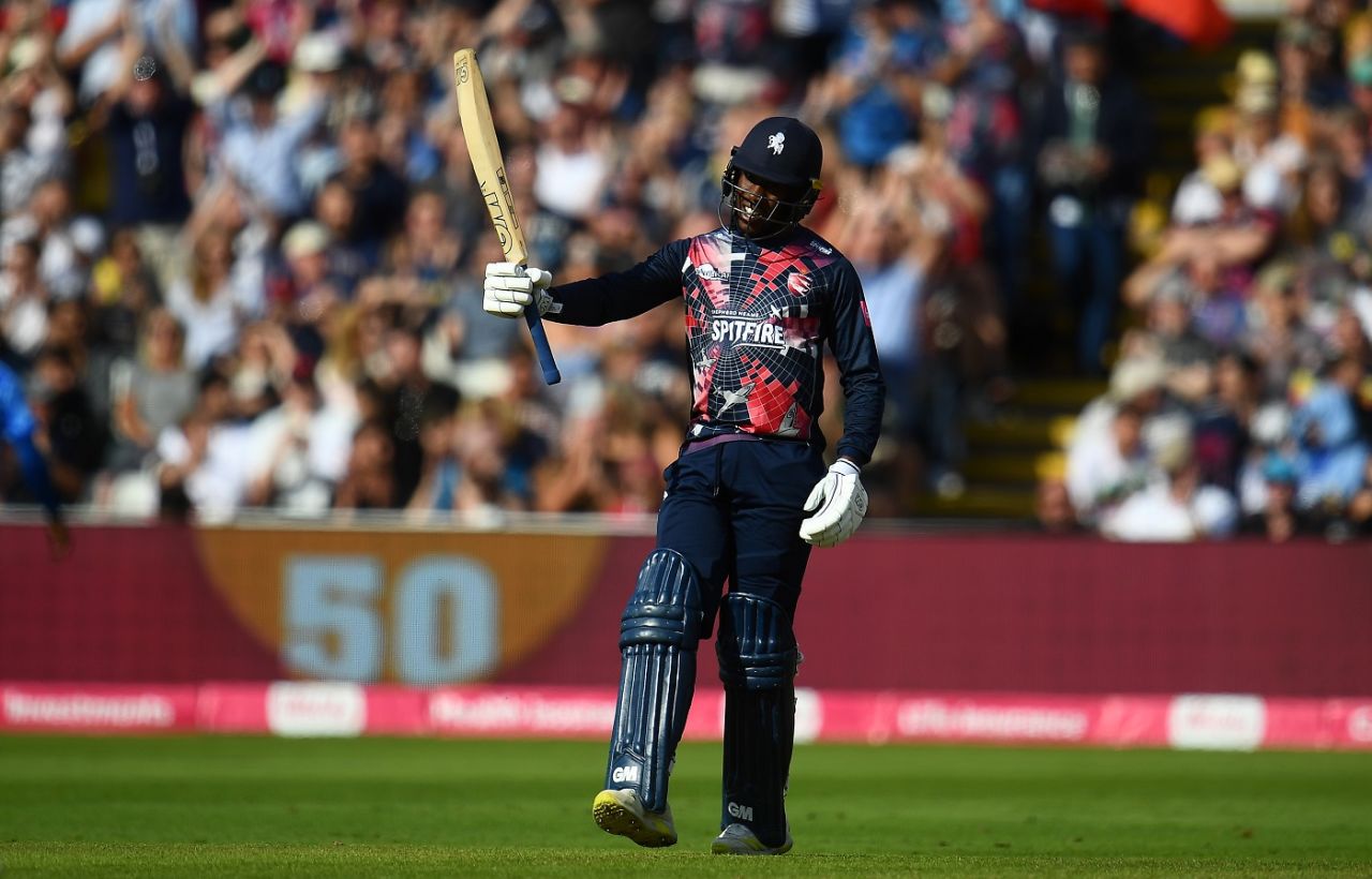 Daniel Bell-Drummond acknowledges the applause for his fifty, Sussex vs Kent, 2nd semi-final, Vitality T20 Blast Finals Day, Edgbaston, September 18, 2021