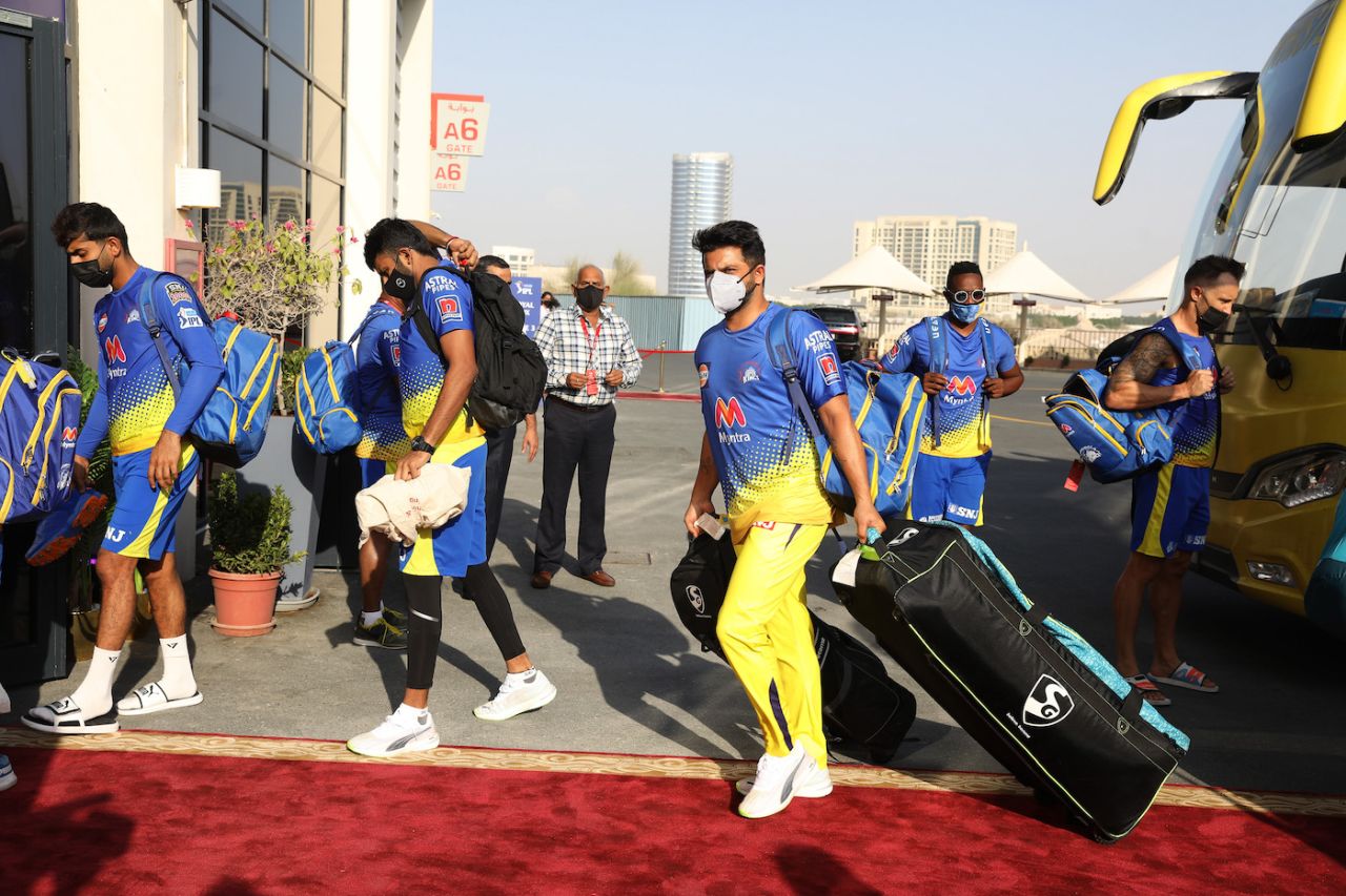 The Chennai Super Kings players arrive for the match, Chennai Super Kings vs Mumbai Indians, IPL 2021, Dubai, September 19, 2021