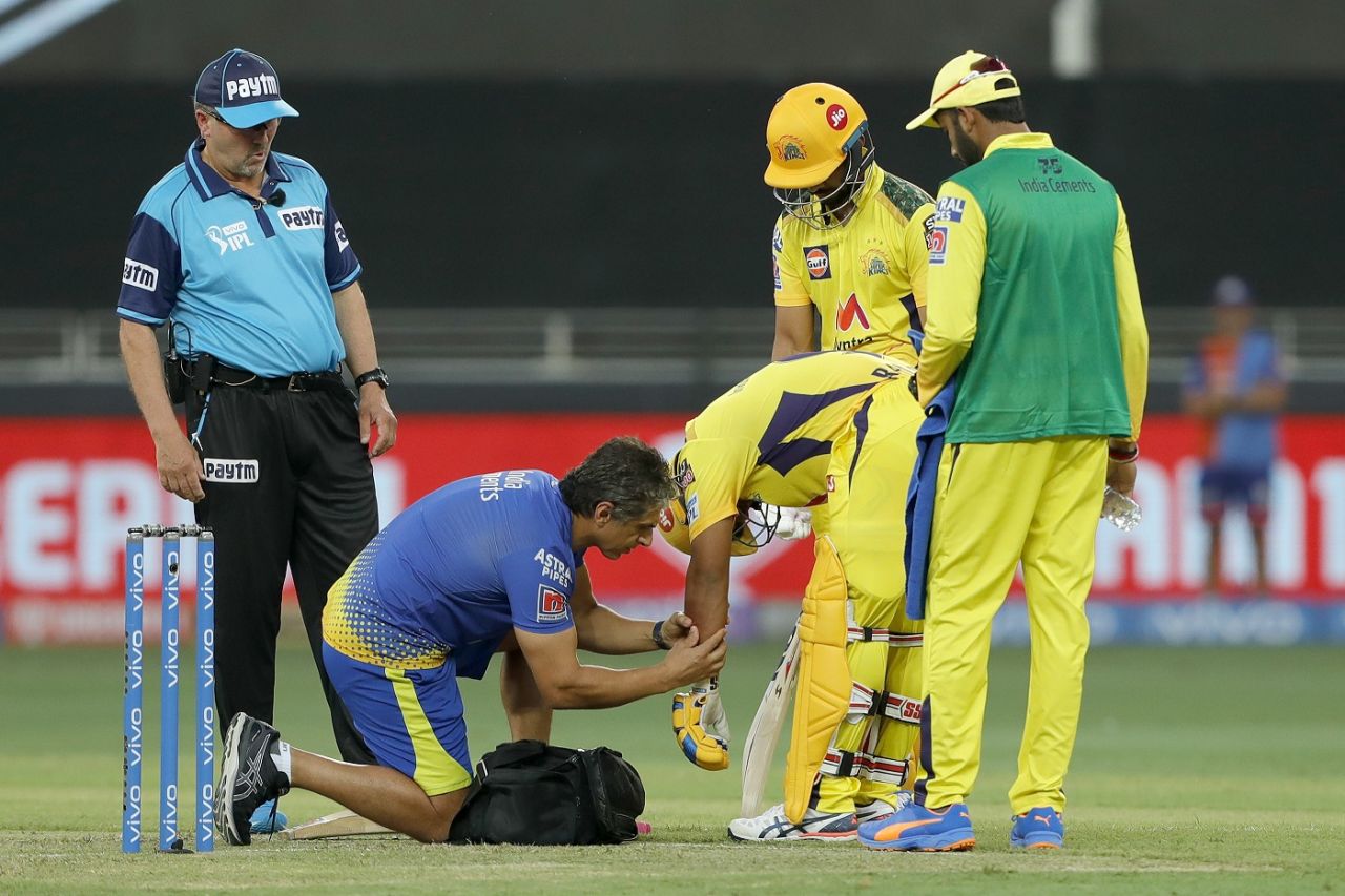 The physio attends to Ambati Rayudu after he was hit on his left arm, Chennai Super Kings vs Mumbai Indians, IPL 2021, Dubai, September 19, 2021