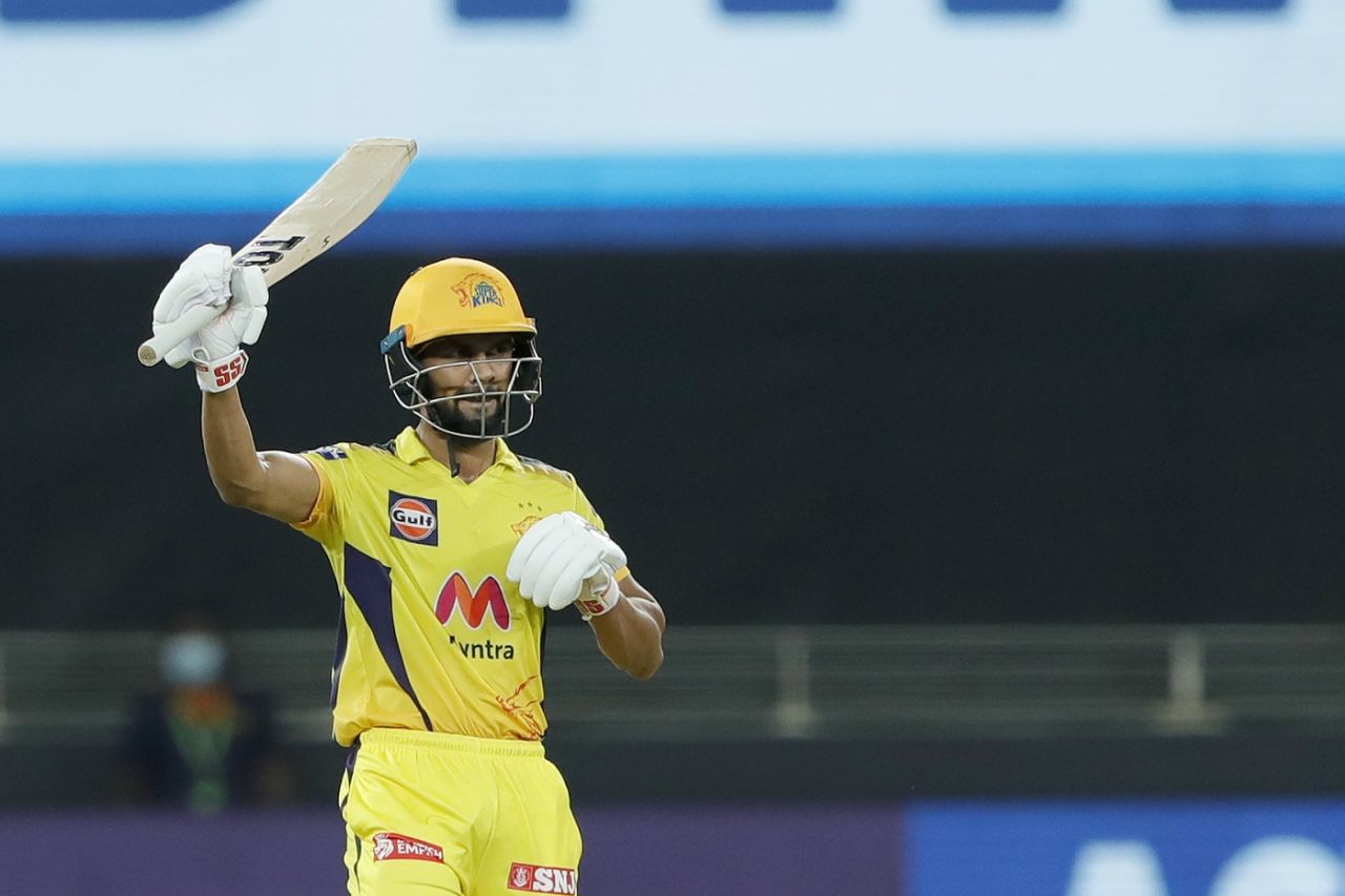 Ruturaj Gaikwad celebrates his half-century, Chennai Super Kings vs Mumbai Indians, IPL 2021, Dubai, September 19, 2021