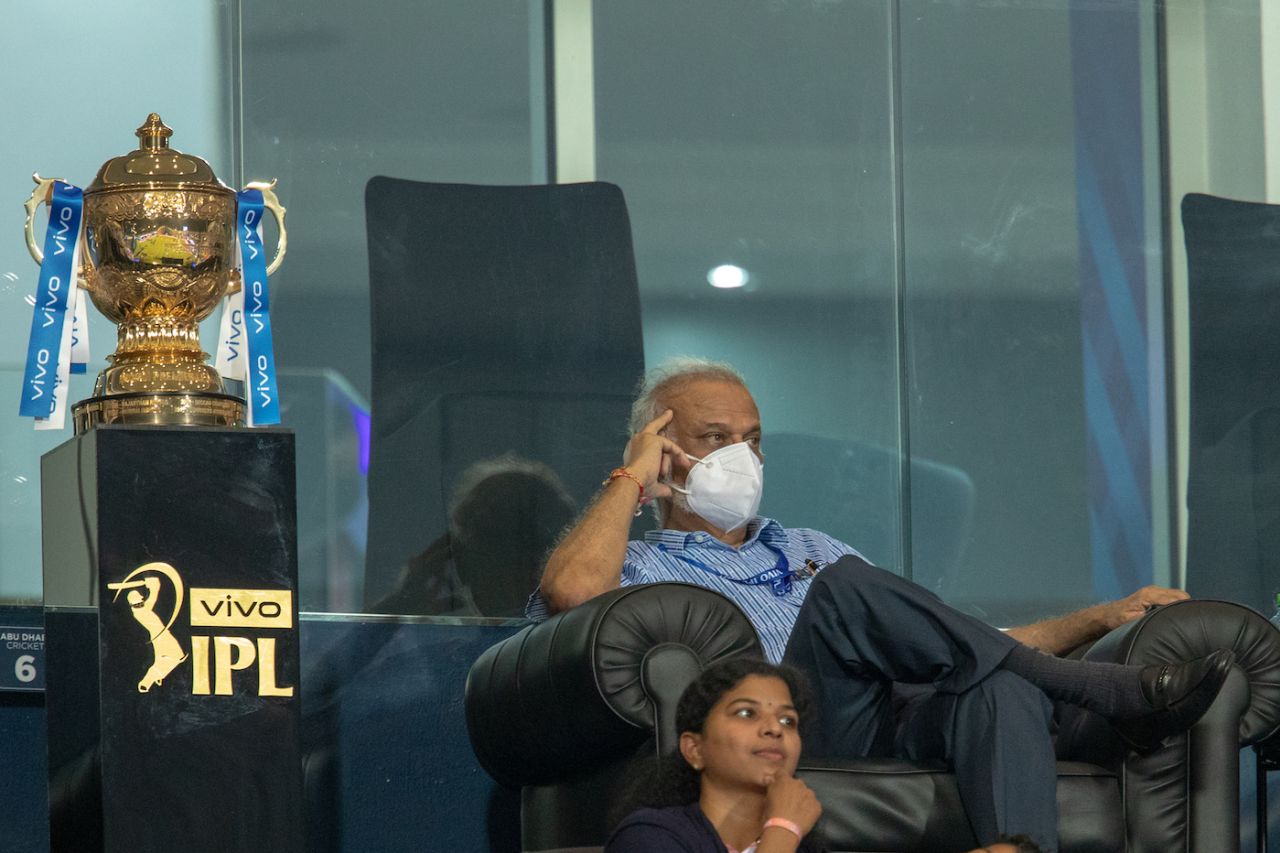IPL chairman Brijesh Patel watches the match with the IPL trophy not far from him, Kolkata Knight Riders vs Royal Challengers Bangalore, IPL 2021, Abu Dhabi, September 20, 2021