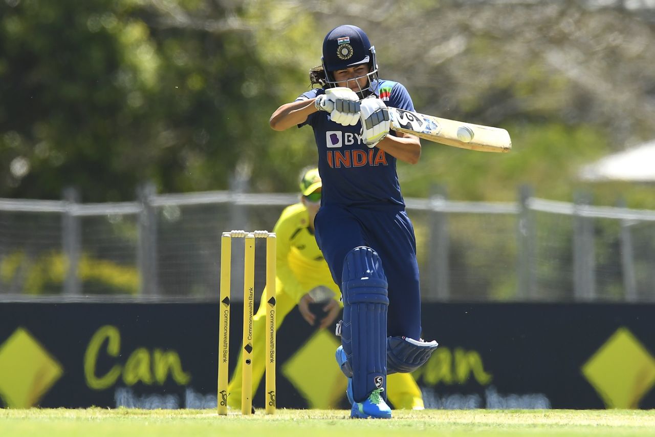 Debutant Yastika Bhatia shapes to tackle a short ball, Shafali Verma and Smriti Mandhana, Australia vs India, 1st Women's ODI, Mackay, September 21, 2021
