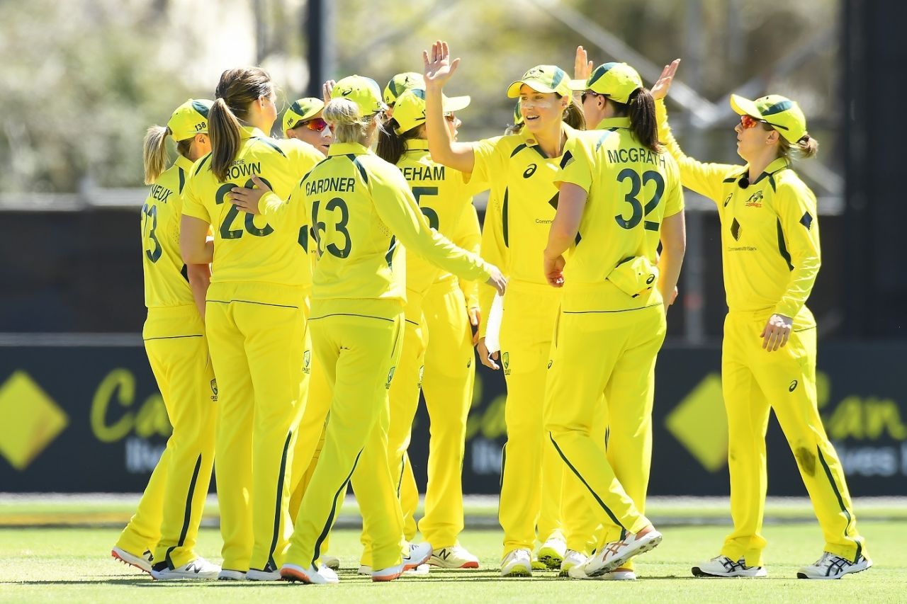 Darcie Brown and Ellyse Perry share high-fives as Australia celebrate an India wicket, Australia vs India, 1st Women's ODI, Mackay, September 21, 2021