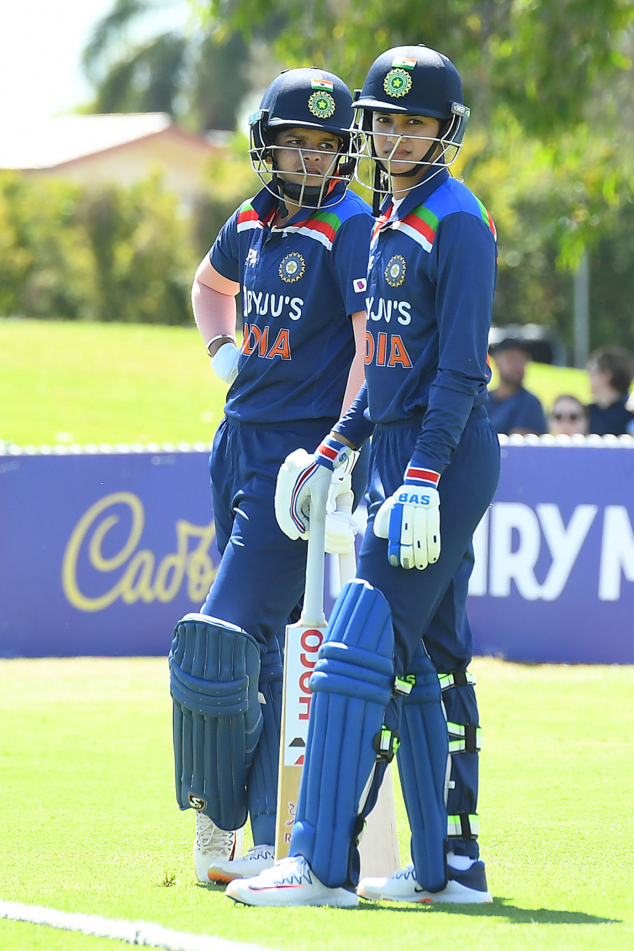 Shafali Verma and Smriti Mandhana wait before the start of the Indian innings, Australia vs India, 1st Women's ODI, Mackay, September 21, 2021