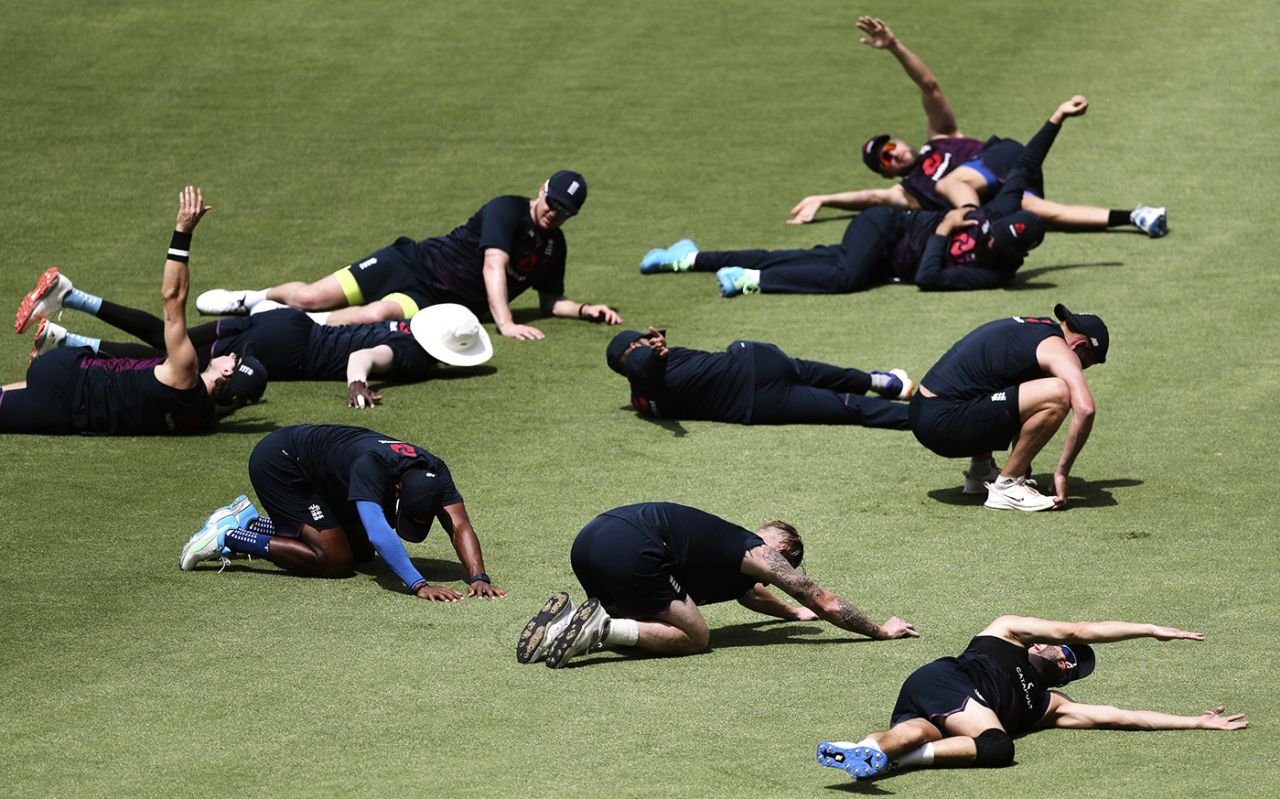 England's players stretch to warm up, Ahmedabad, March 11, 2021