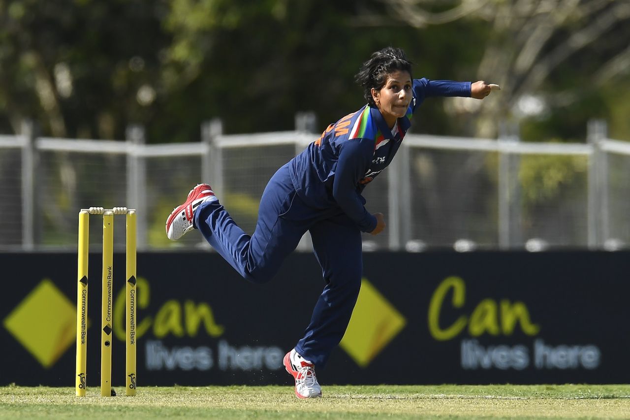 Poonam Yadav in her follow-through, Australia vs India, 1st Women's ODI, Mackay, September 21, 2021