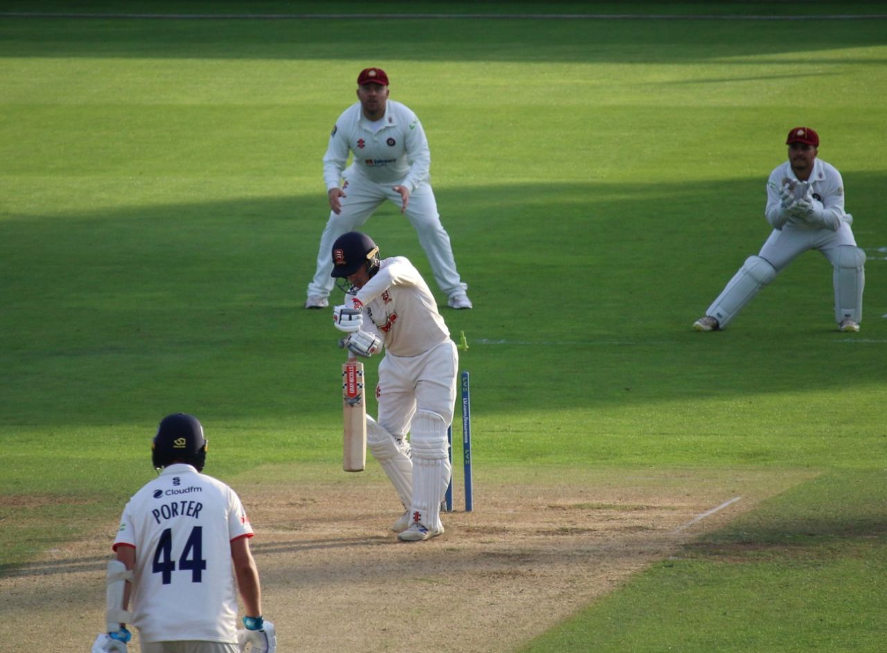 Adam Wheater is bowled for 34 for the 20th wicket of the opening day, Essex vs Northamptonshire, County Championship, 1st day, Chelmsford, September 21, 2021