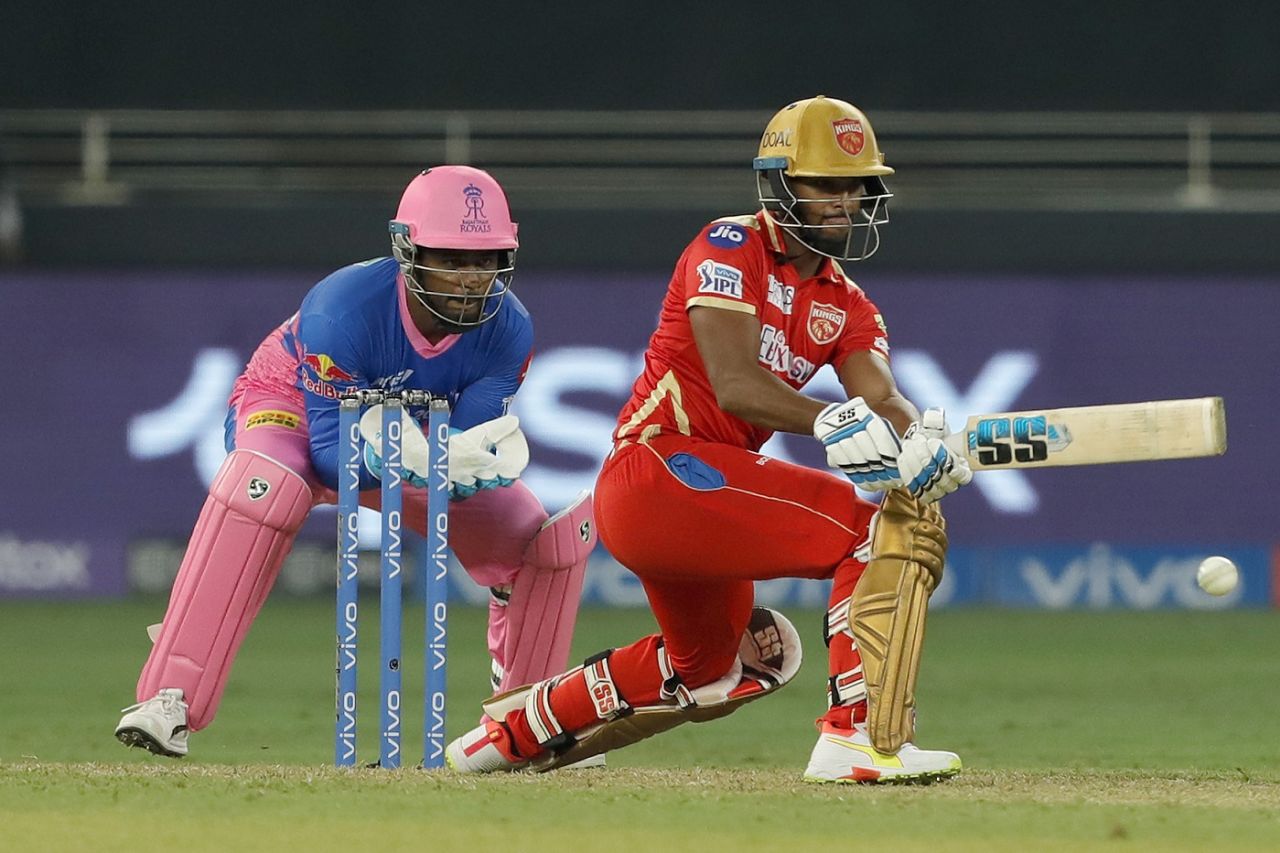 Nichols Pooran shapes to play a sweep, Punjab Kings vs Rajasthan Royals, IPL 2021, Dubai, September 21, 2021