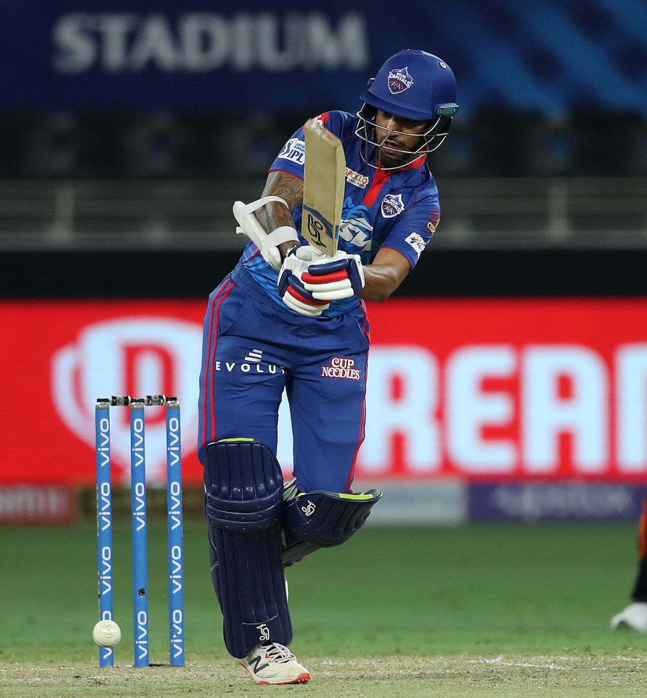 Shikhar Dhawan taps one away to the leg side, Delhi Capitals vs Sunrisers Hyderabad, IPL 2021, Dubai, September 22, 2021
