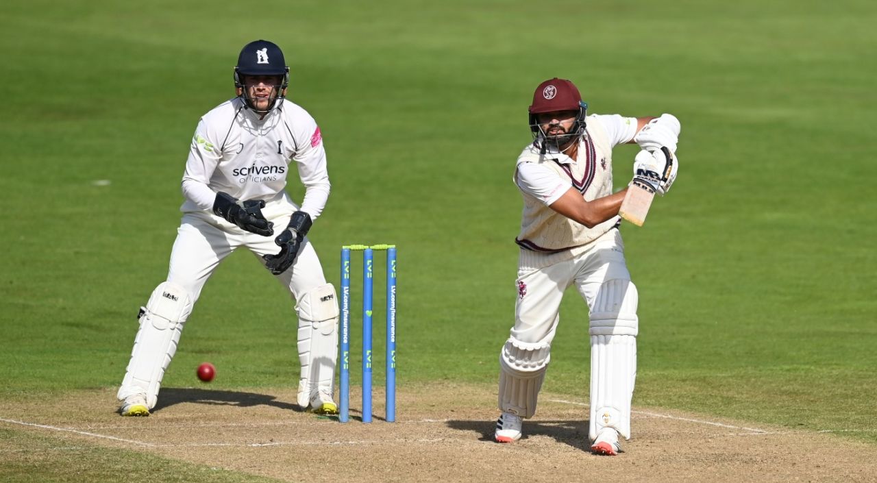 Azhar Ali drives through the covers during a fighting half-century, Warwickshire vs Somerset, County Championship Division One, Edgbaston, September 22, 2021