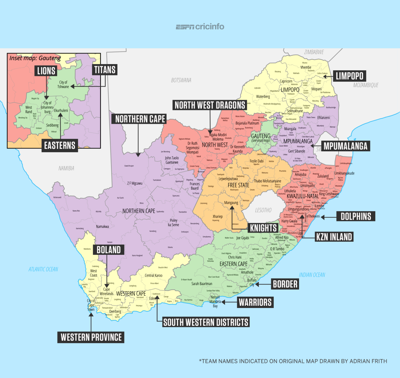 Map of South Africa's new domestic teams