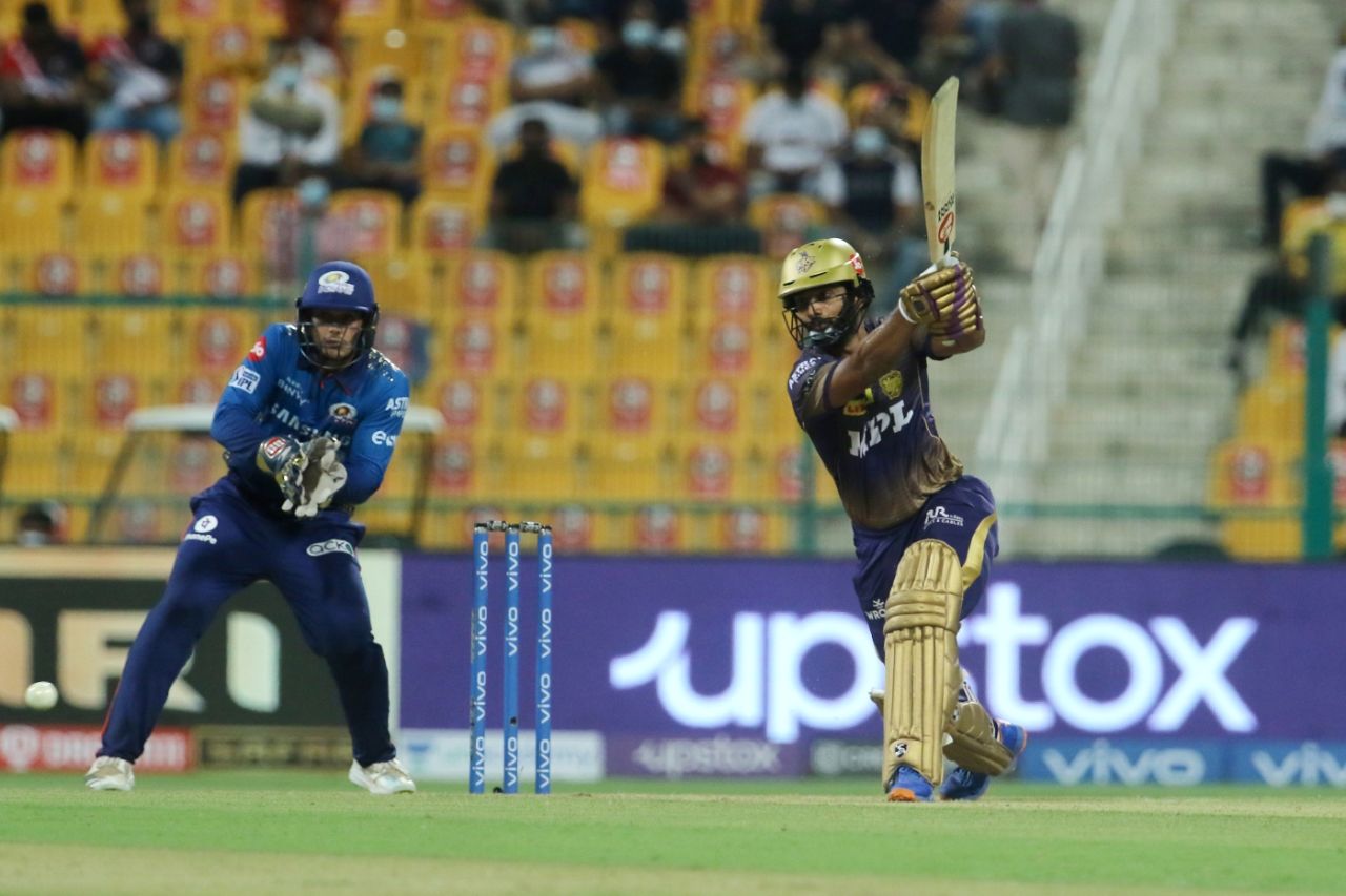 Rahul Tripathi frees his arms on his way to a fifty, Mumbai Indians vs Kolkata Knight Riders, Abu Dhabi, IPL 2021, September 23, 2021