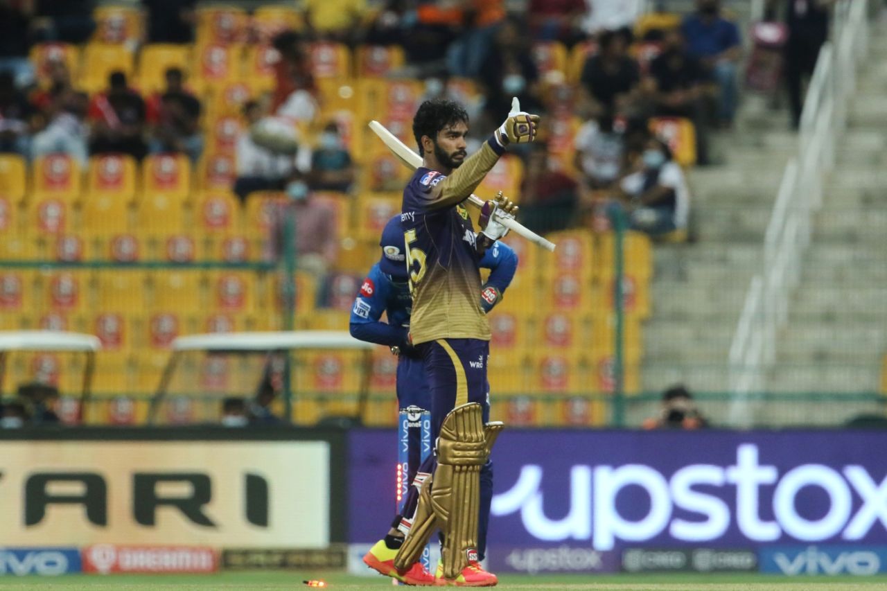 Venkatesh Iyer celebrates his fifty, Mumbai Indians vs Kolkata Knight Riders, Abu Dhabi, IPL 2021, September 23, 2021