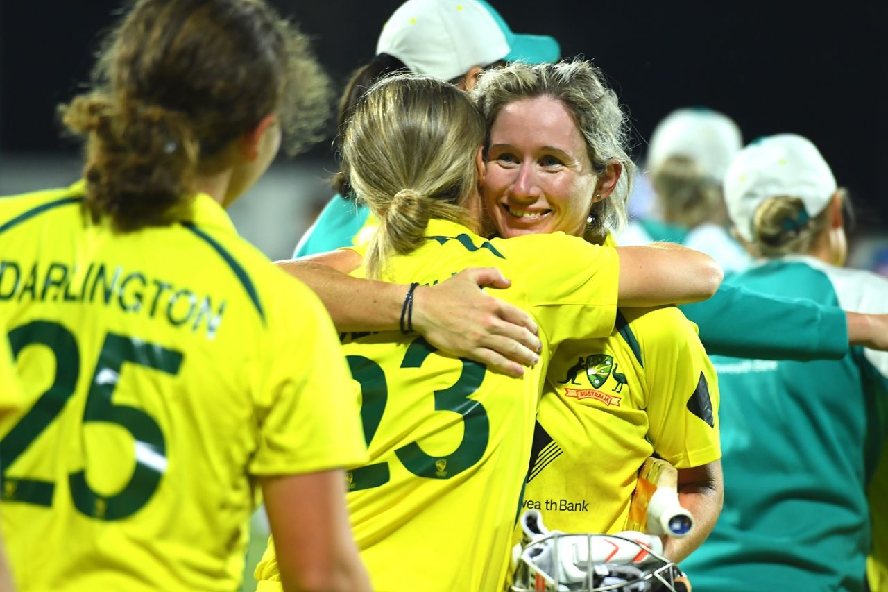 Beth Mooney is hugged by a team-mate after sealing Australia's sensational chase, Australia Women vs India Women, 2nd ODI, Mackay, September 24, 2021