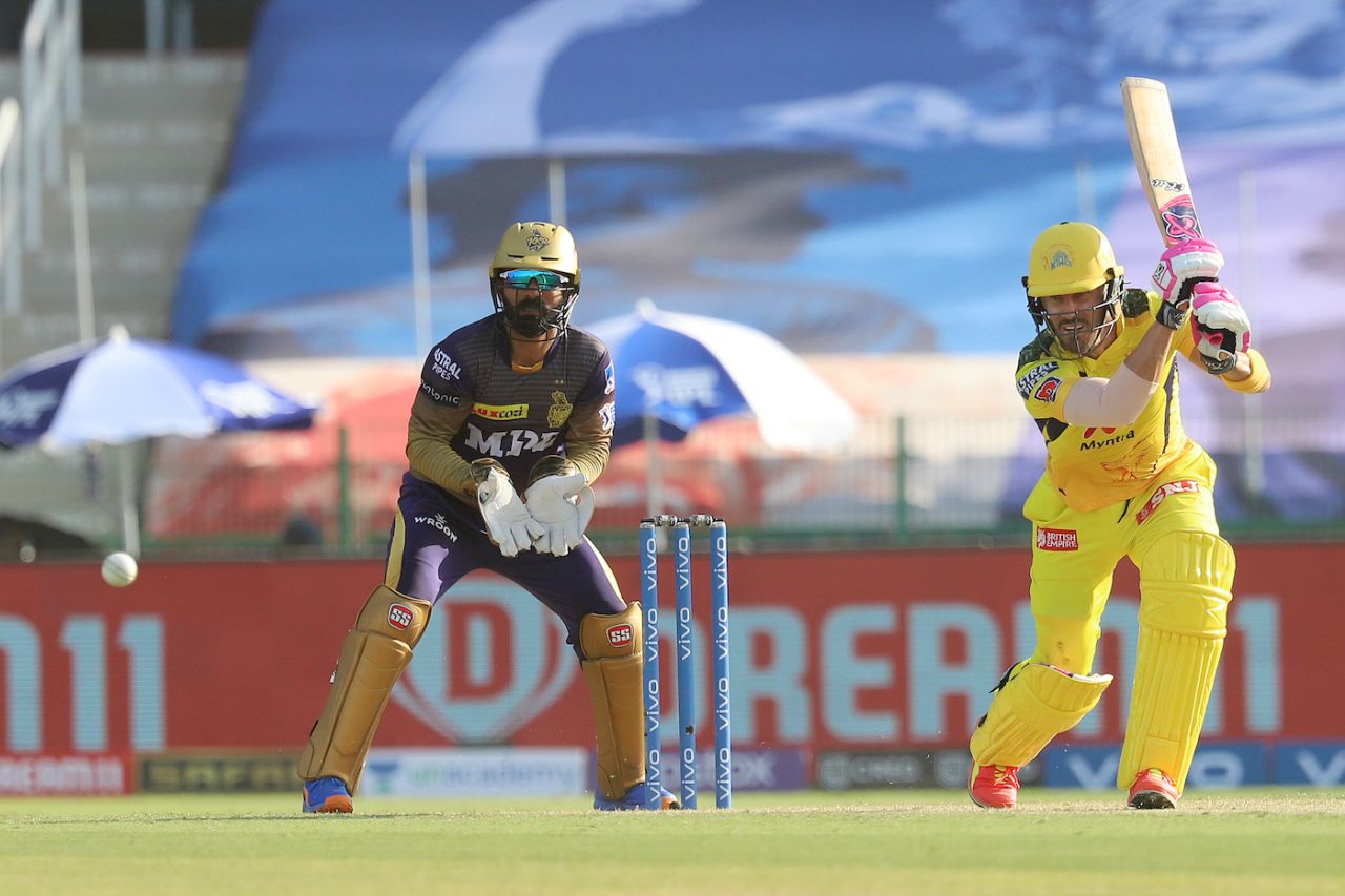 Faf du Plessis drives through the covers, Chennai Super Kings vs Kolkata Knight Riders, IPL 2021, Abu Dhabi, September 26, 2021