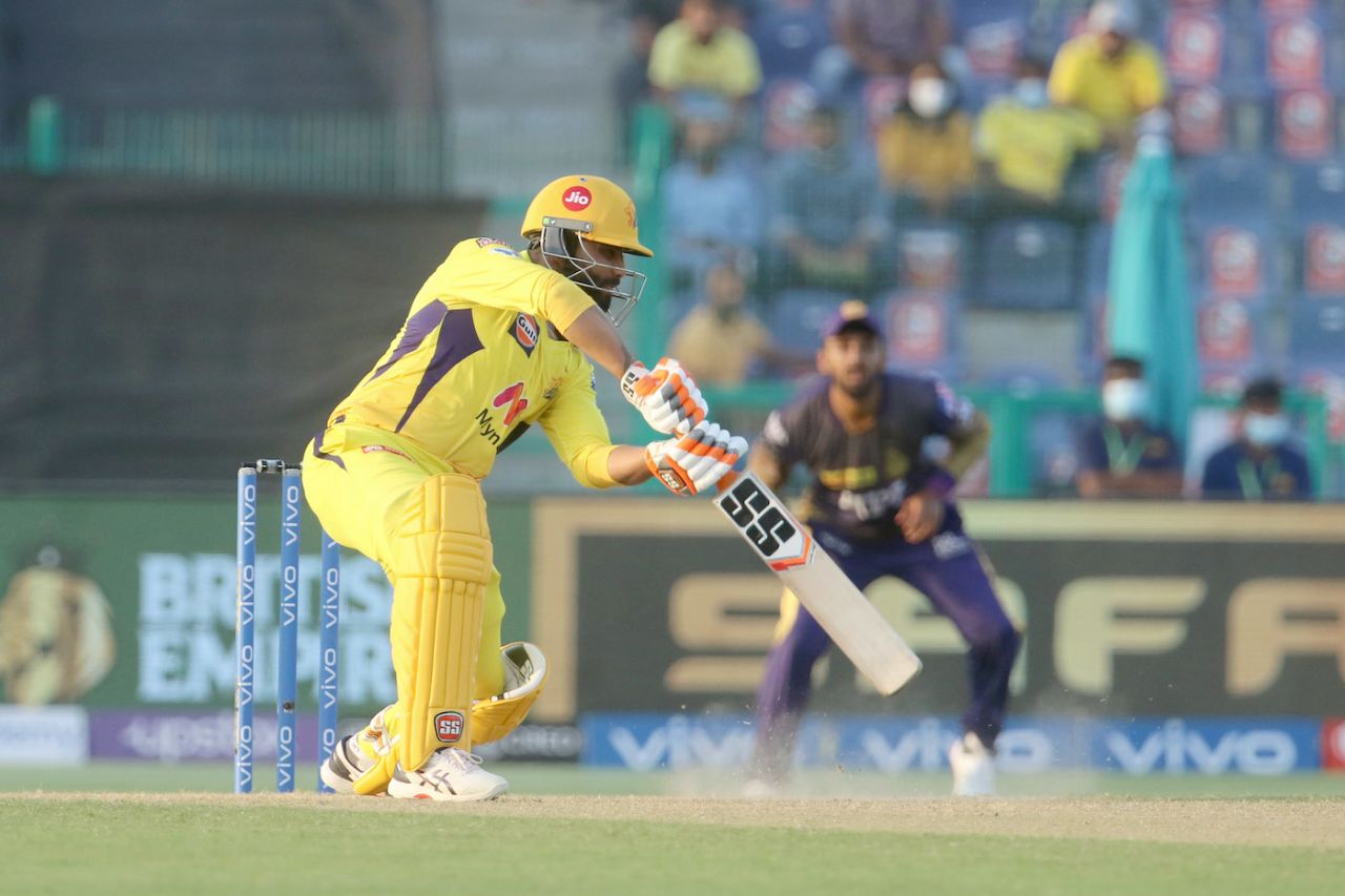Ravindra Jadeja plays through the off side, Chennai Super Kings vs Kolkata Knight Riders, IPL 2021, Abu Dhabi, September 26, 2021