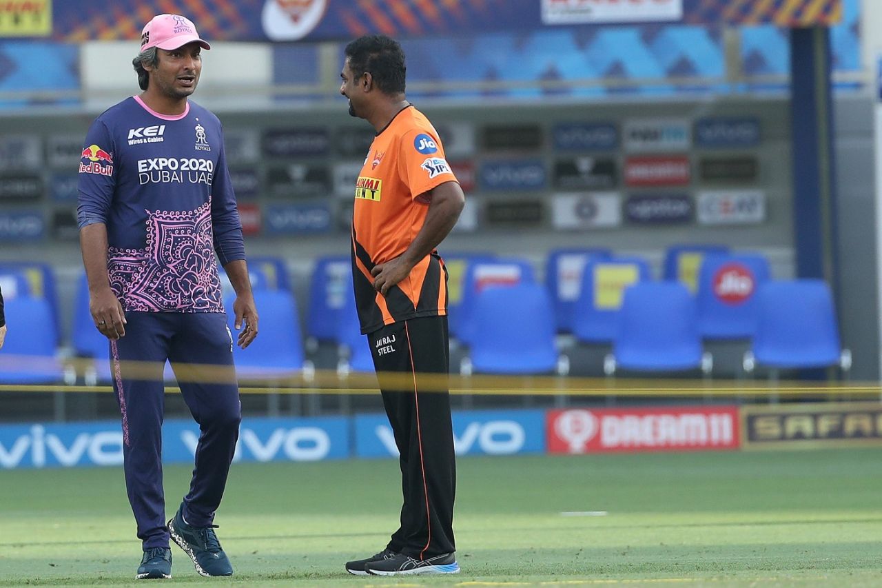 Friends, legends, team-mates - and now on opposite sides: Kumar Sangakkara and Muthiah Muralidaran catch up before the match, Rajasthan Royals vs Sunrisers Hyderabad, Dubai, IPL 2021, September 27, 2021