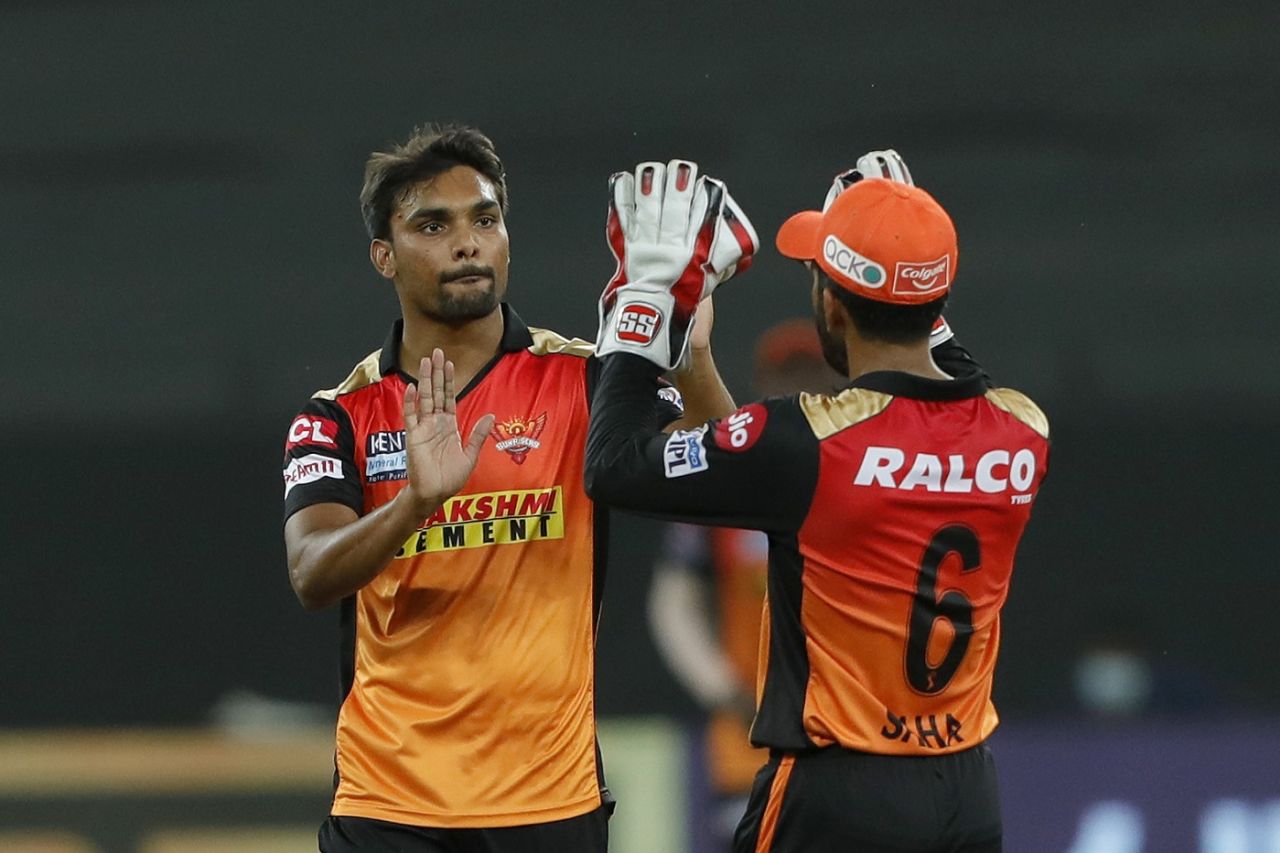 Sandeep Sharma celebrates with Wriddhiman Saha after a key wicket, Rajasthan Royals vs Sunrisers Hyderabad, Dubai, IPL 2021, September 27, 2021