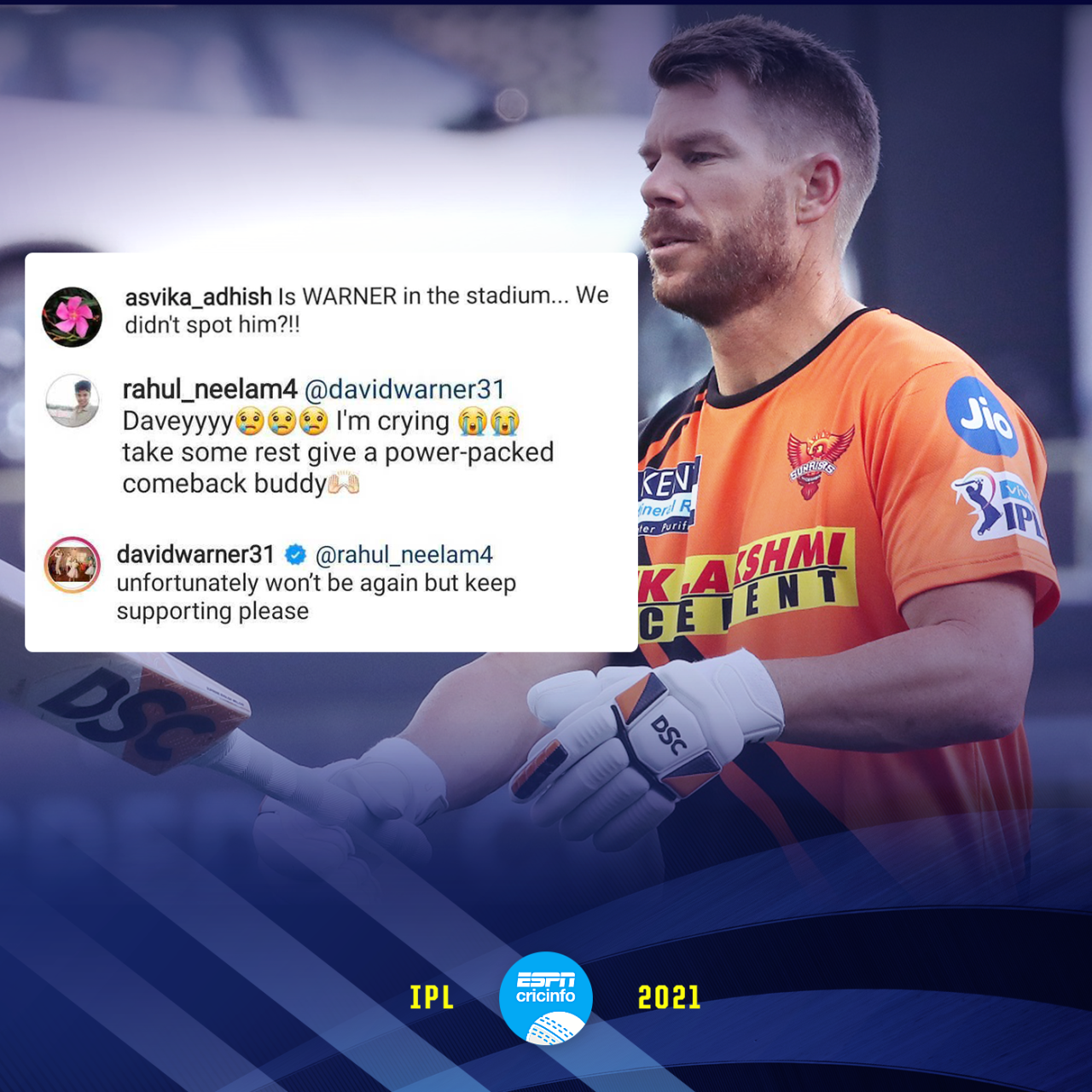 David Warner seemed to indicate via an Instagram comment that he might not play again this season