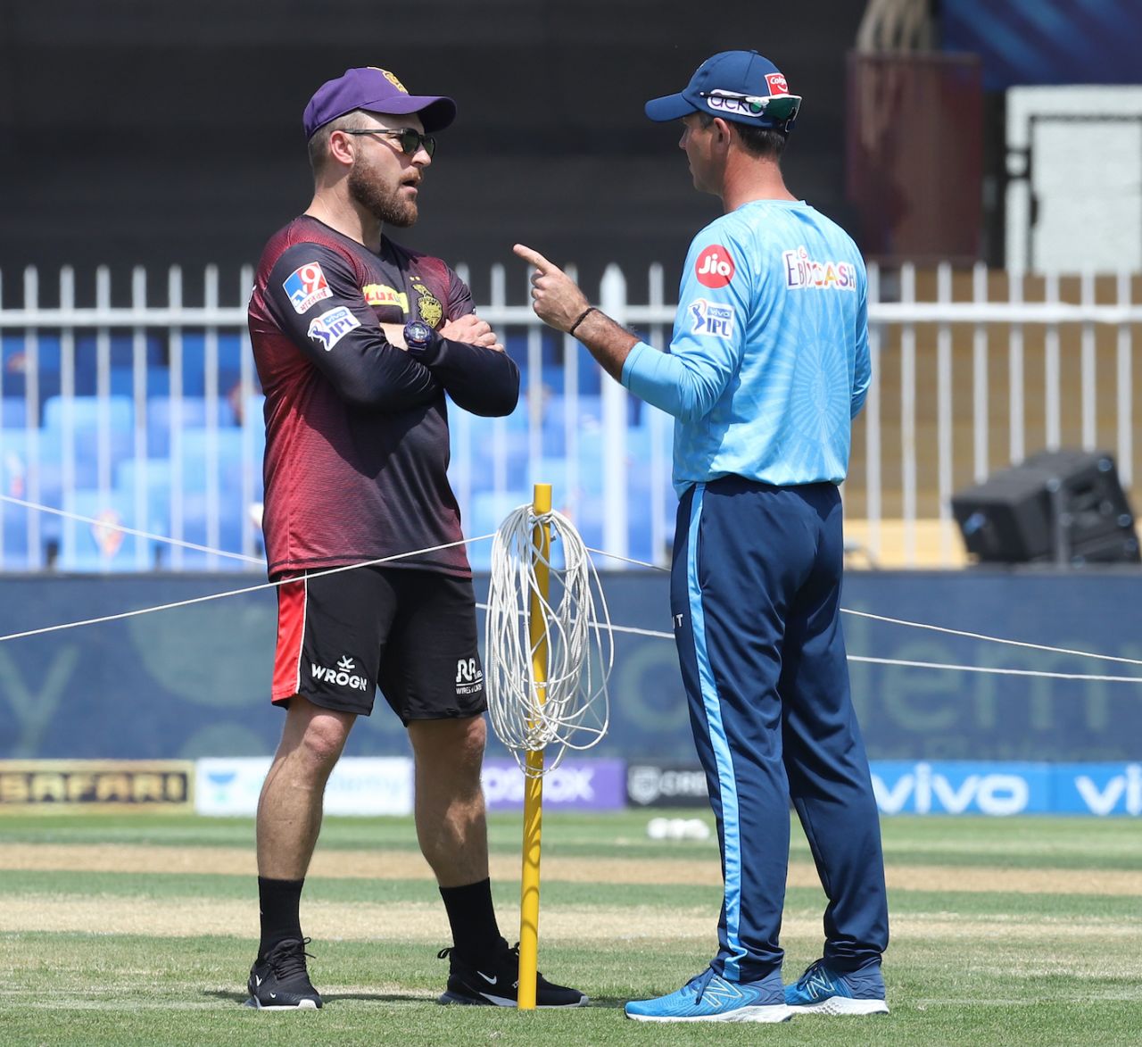 Brendon McCullum and Ricky Ponting catch up before the game, Kolkata Knight Riders vs Delhi Capitals, IPL 2021, Sharjah, September 28, 2021