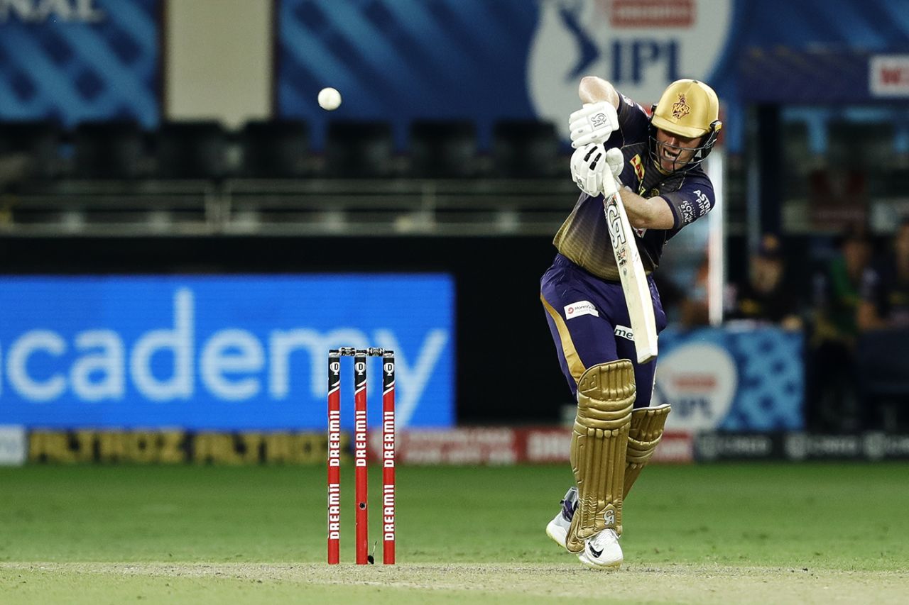 Eoin Morgan plays a shot to the leg side, Chennai Super Kings vs Kolkata Knight Riders, IPL 2020, Dubai, October 29, 2020