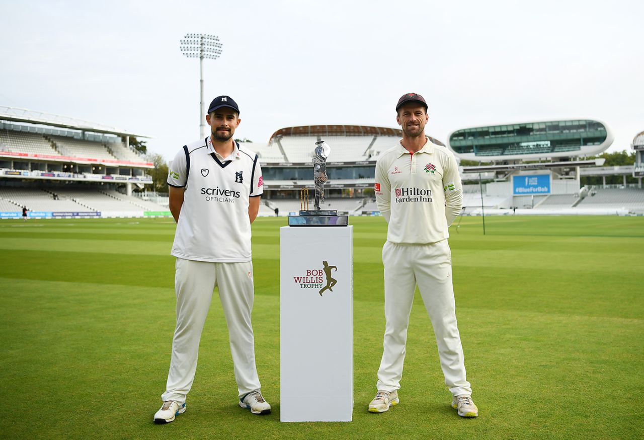 Will Rhodes and Dane Vilas pose with the Bob Willis Trophy, Warwickshire vs Lancashire, Bob Willis Trophy final, Lord's, 1st day, September 28, 2021