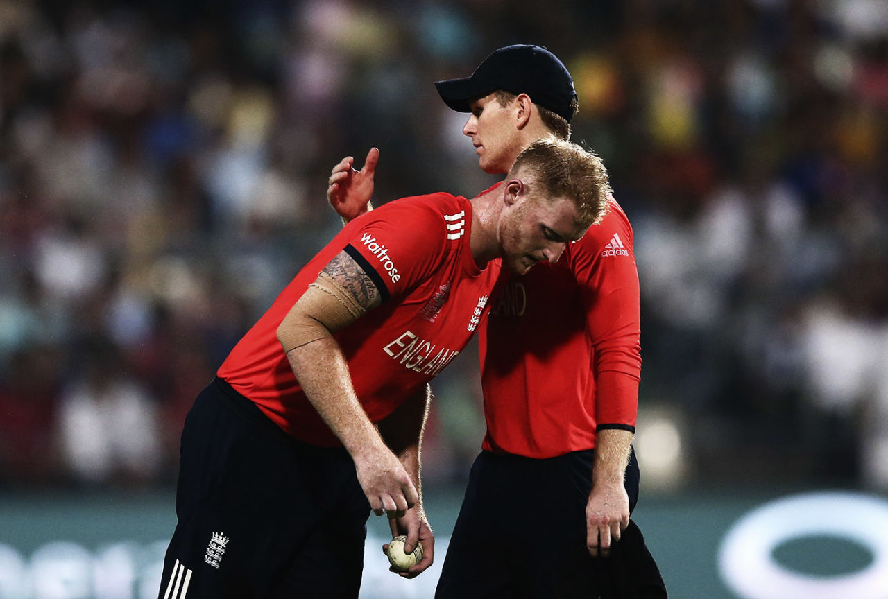 Eoin Morgan consoles Ben Stokes at the end of the final, England v West Indies, World T20 2016, final, Kolkata, April 3, 2016