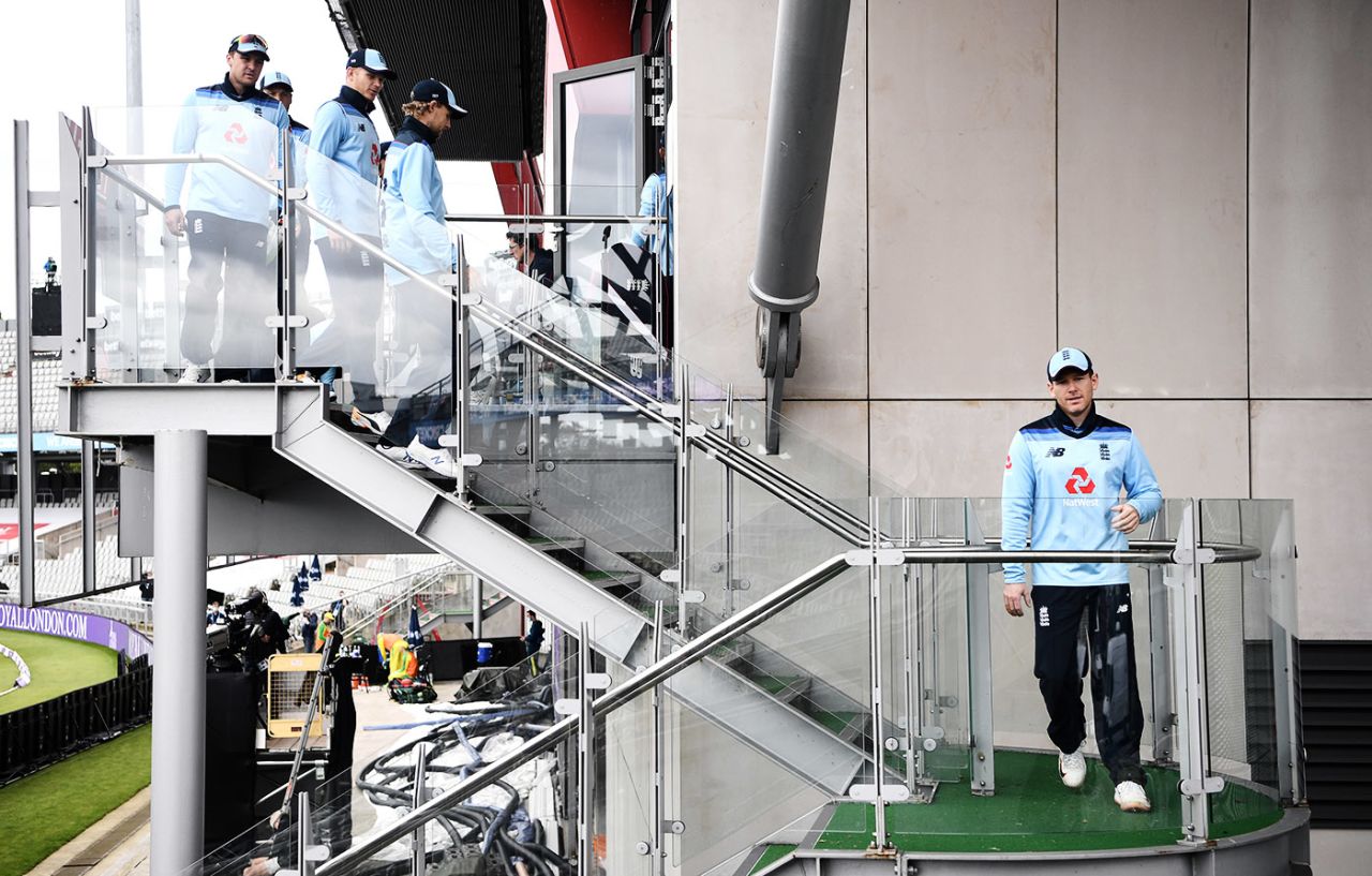 Eoin Morgan leads his side down the stairs, 1st Royal London ODI, England v Australia, Emirates Old Trafford, September 11, 2020