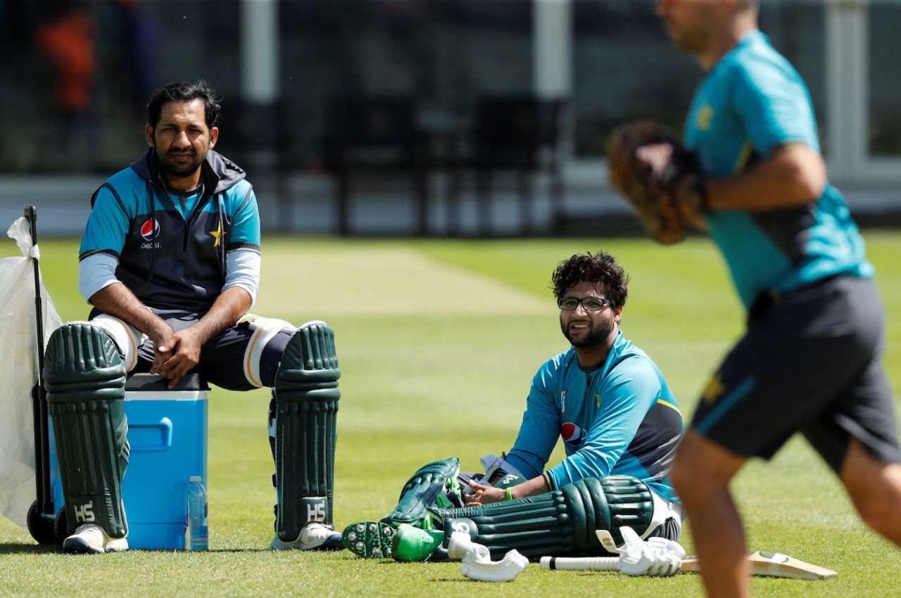 Sarfaraz Ahmed and Imam-ul-Haq look on during a training session, Lord's, London, June 22, 2019
