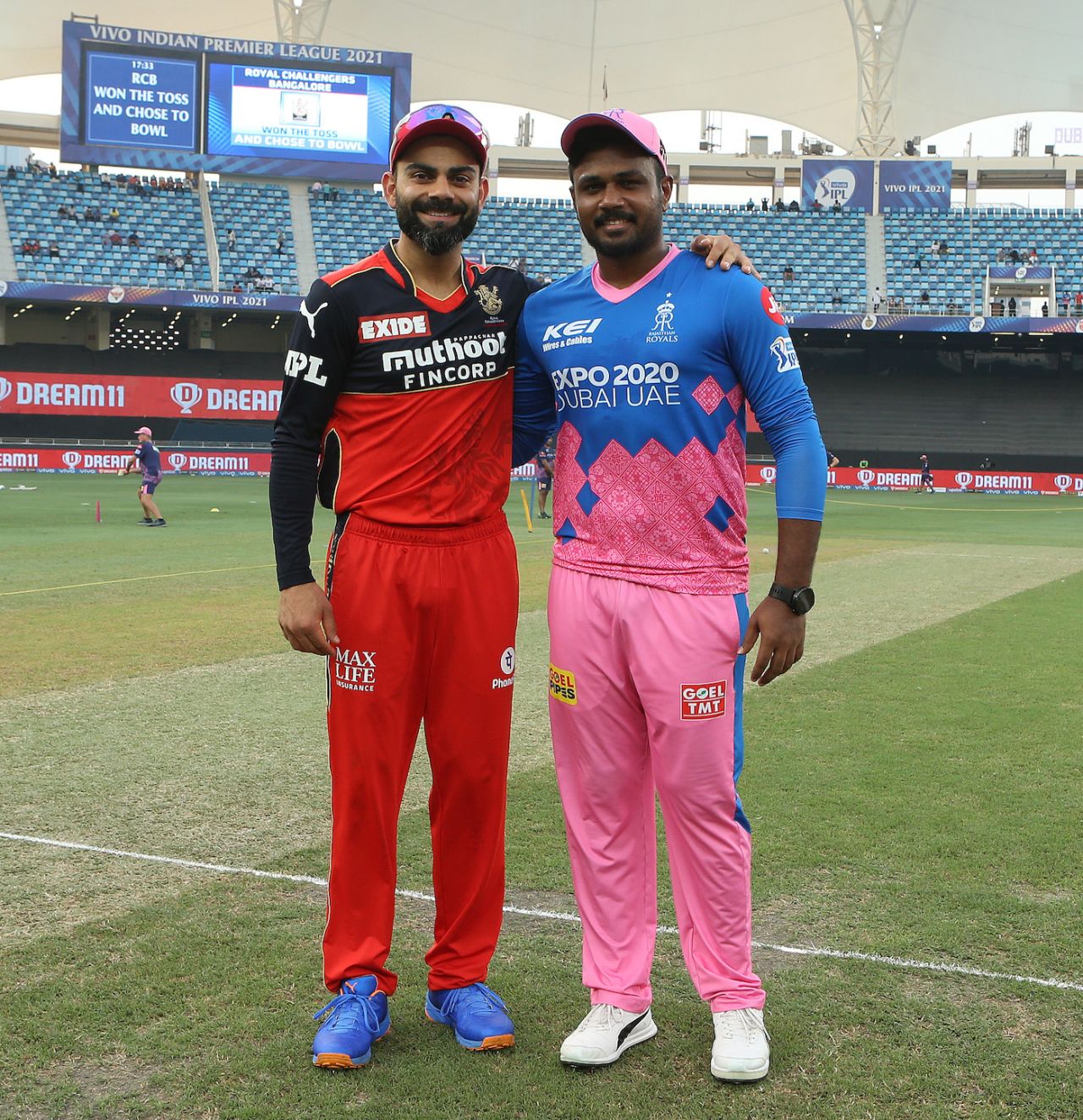 Virat Kohli and Sanju Samson get together after the toss, Rajasthan Royals vs Royal Challengers Bangalore, IPL 2021, September 29, 2021