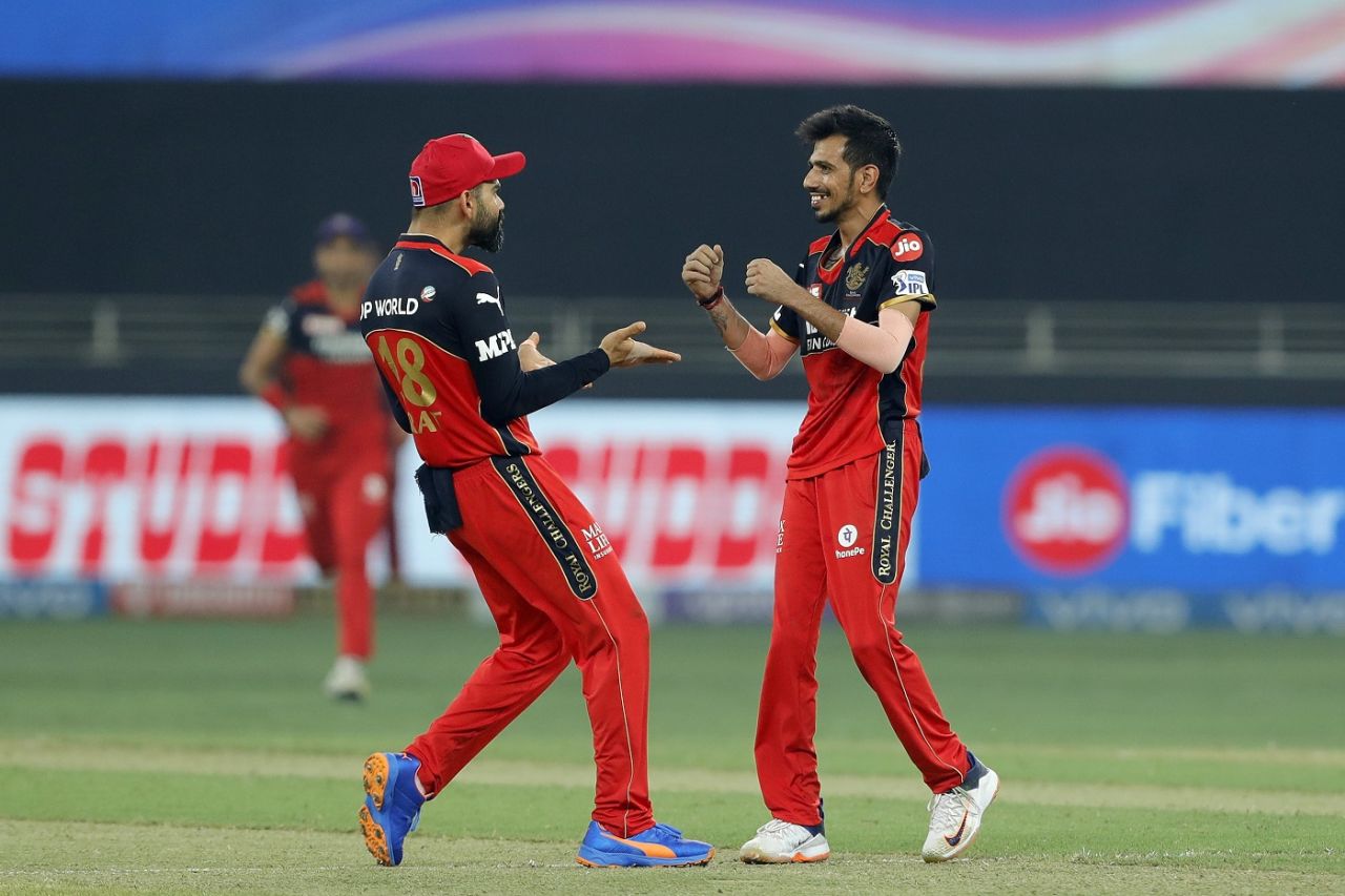 Virat Kohli and Yuzvendra Chahal celebrate a wicket, Rajasthan Royals vs Royal Challengers Bangalore, Dubai, IPL 2021, September 29, 2021