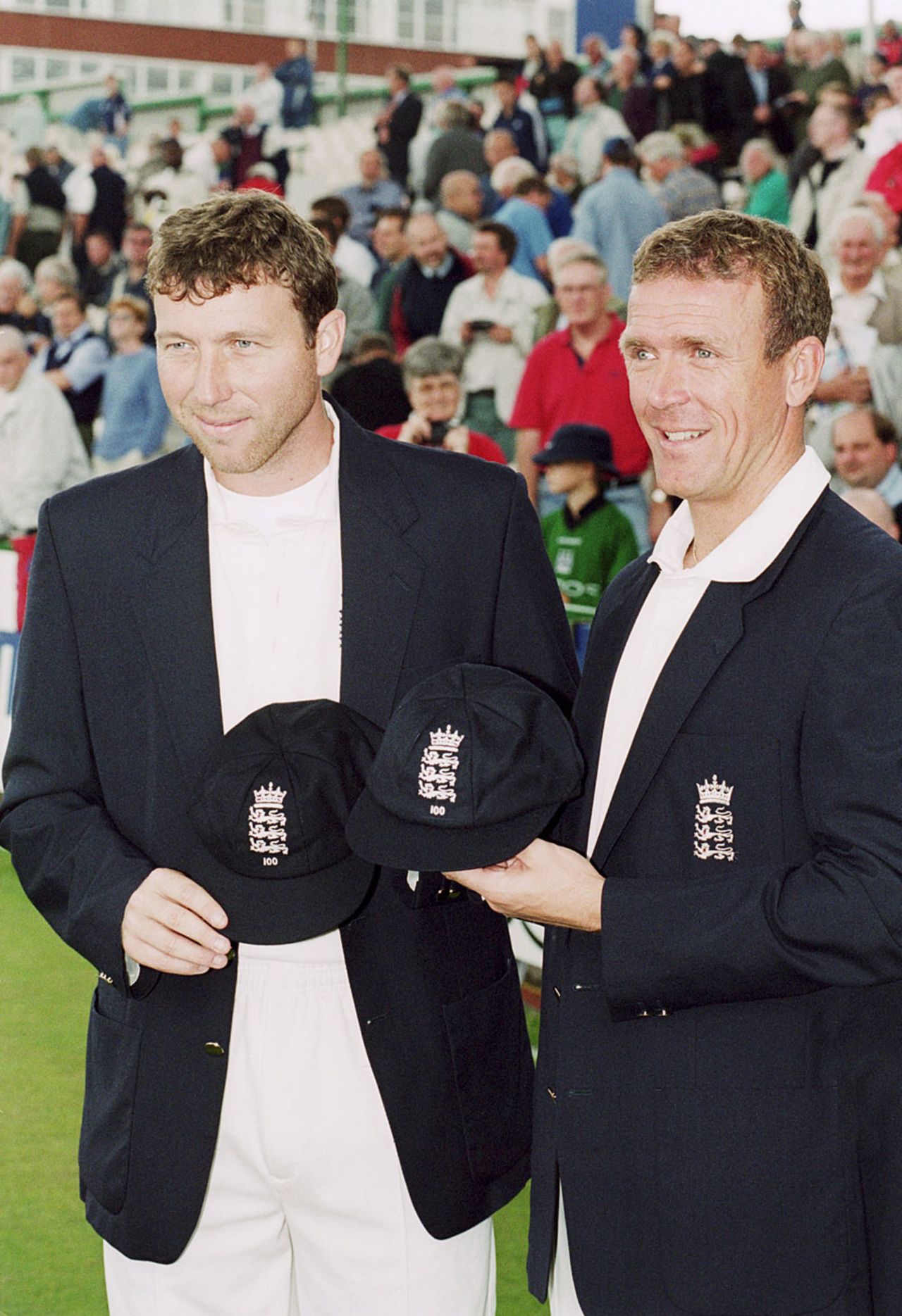 Michael Atherton and Alec Stewart receive caps ahead of their 100th Test appearance, England v West Indies, 3rd Test, Old Trafford, 1st day, August 3, 2000