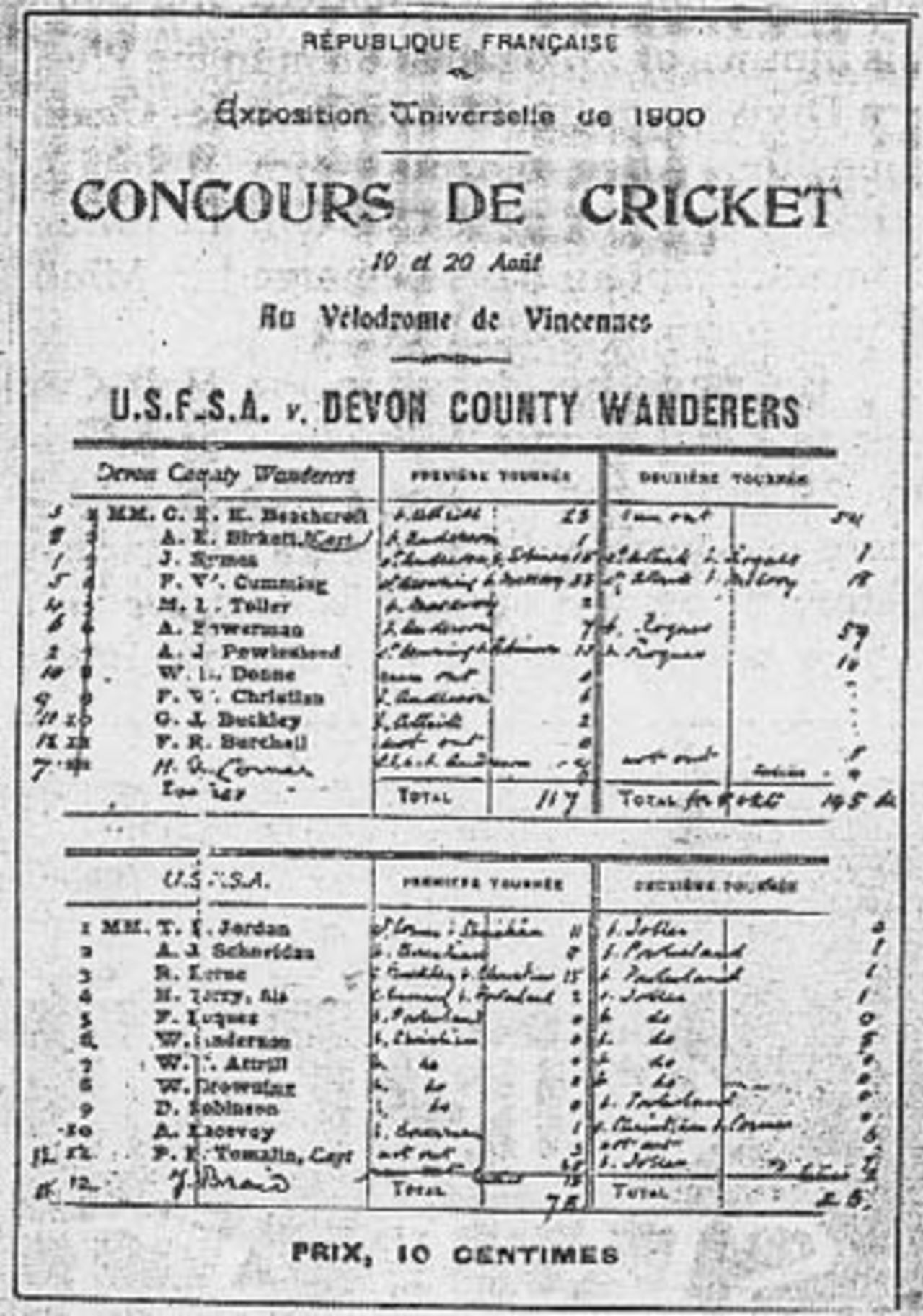 Scorecard from the 1900 Olympic cricket tournament.  The captains agreed to a 12-a-side game, and so the extra players had to be added by hand, August 20, 1900