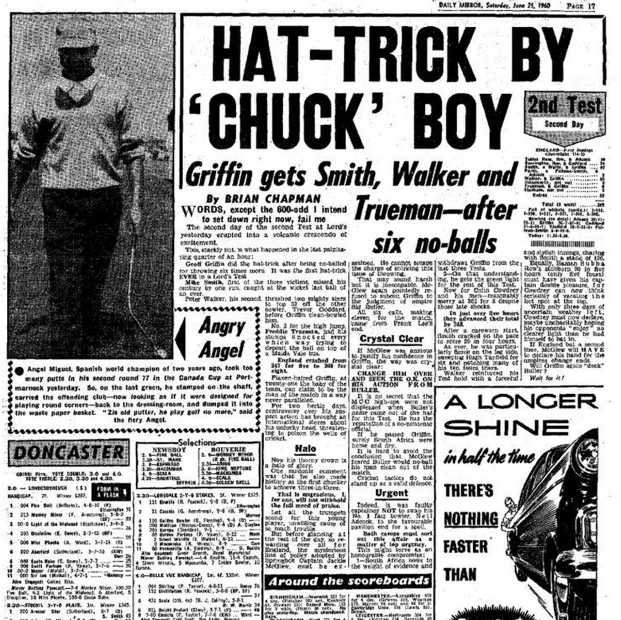 Geoff Griffin's hat-trick as reported by the <I>Daily Mirror</I>, June 25, 1960