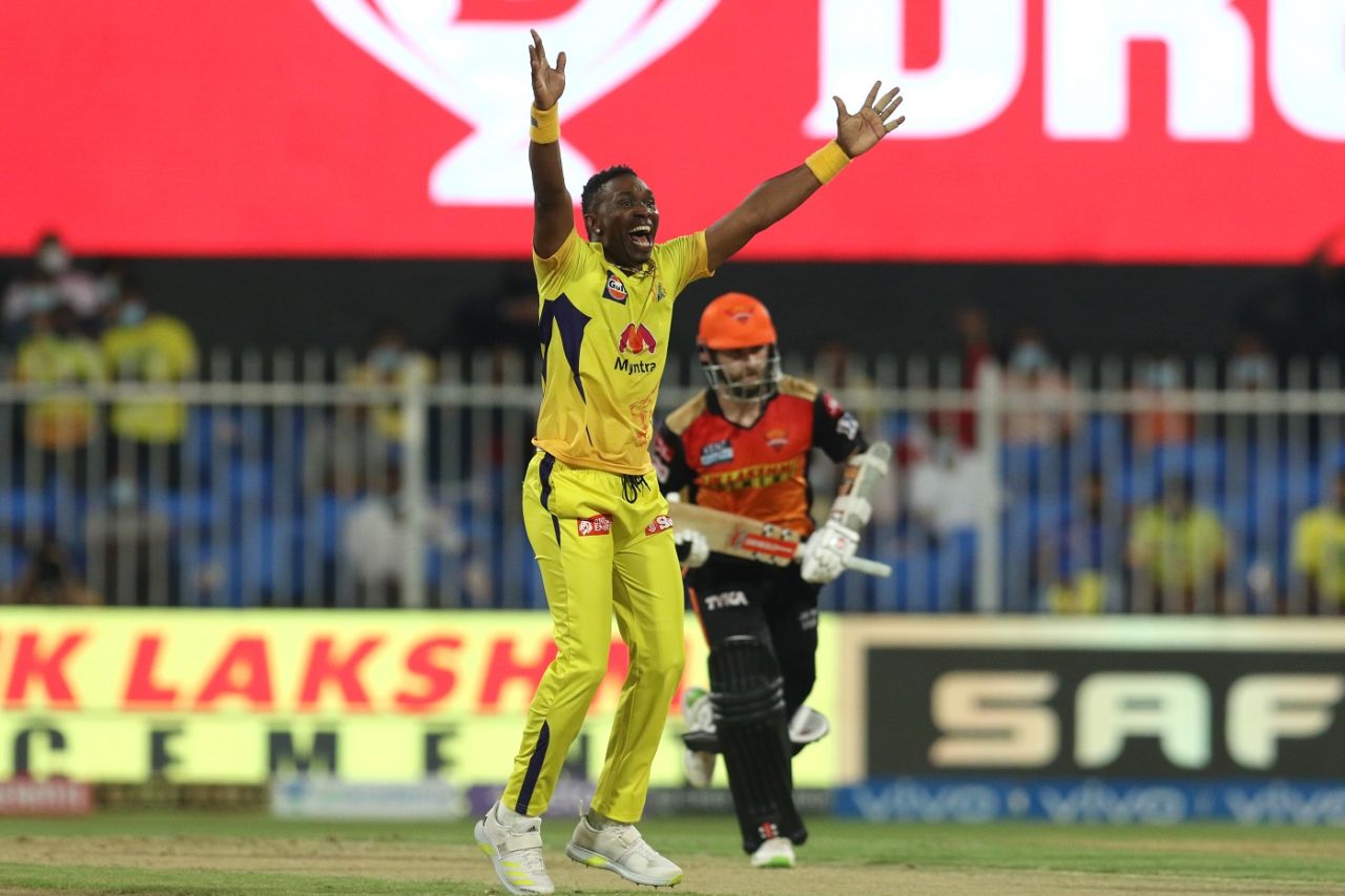 Dwayne Bravo appeals for the wicket of Kane Williamson, Chennai Super Kings vs Sunrisers Hyderabad, IPL 2021, Sharjah, September 30, 2021