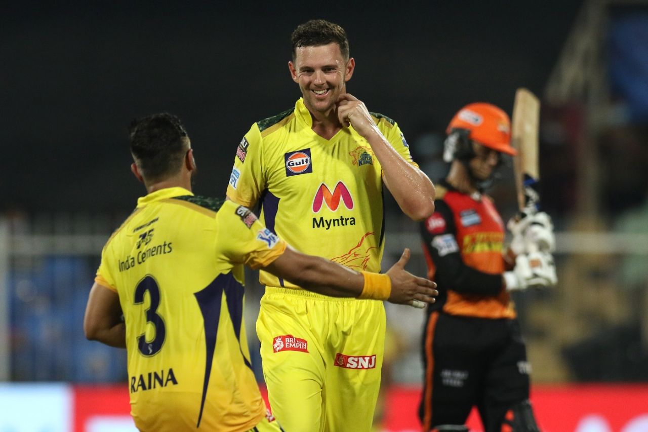Josh Hazlewood is all smiles after dismissing Abhishek Sharma, Chennai Super Kings vs Sunrisers Hyderabad, IPL 2021, Sharjah, September 30, 2021