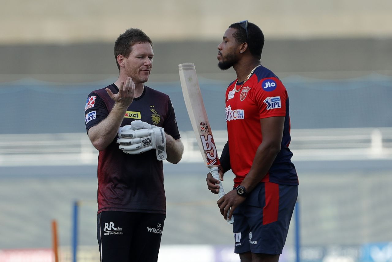 Eoin Morgan and Chris Jordan have a chat before the match, Kolkata Knight Riders vs Punjab Kings, IPL 2021, Dubai, October 1, 2021