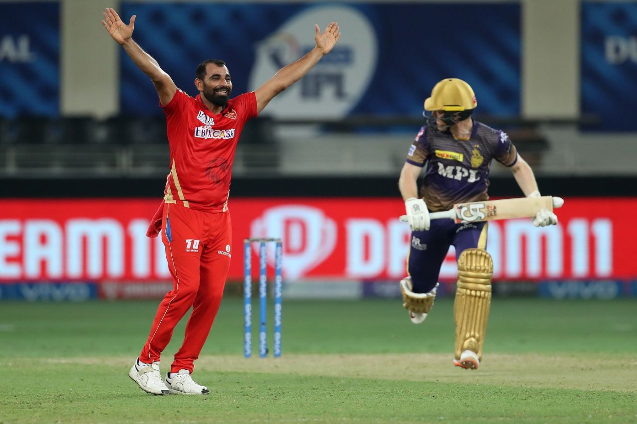 Mohammed Shami appeals for the wicket of Eoin Morgan, Kolkata Knight Riders vs Punjab Kings, IPL 2021, Dubai, October 1, 2021