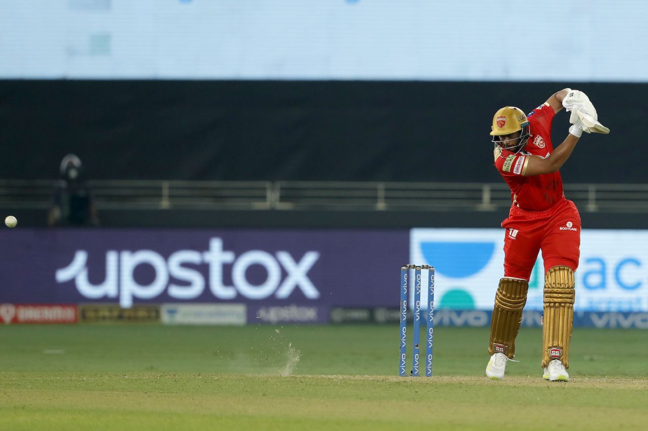 Shahrukh Khan plays powerfully to the off side, Kolkata Knight Riders vs Punjab Kings, IPL 2021, Dubai, October 1, 2021
