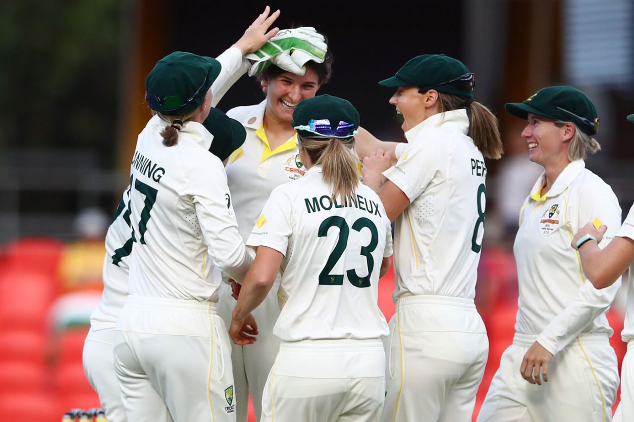 Stella Campbell celebrates her first Test wicket, Australia Women vs India Women, Only Test, Day 3, Carrara, October 2, 2021