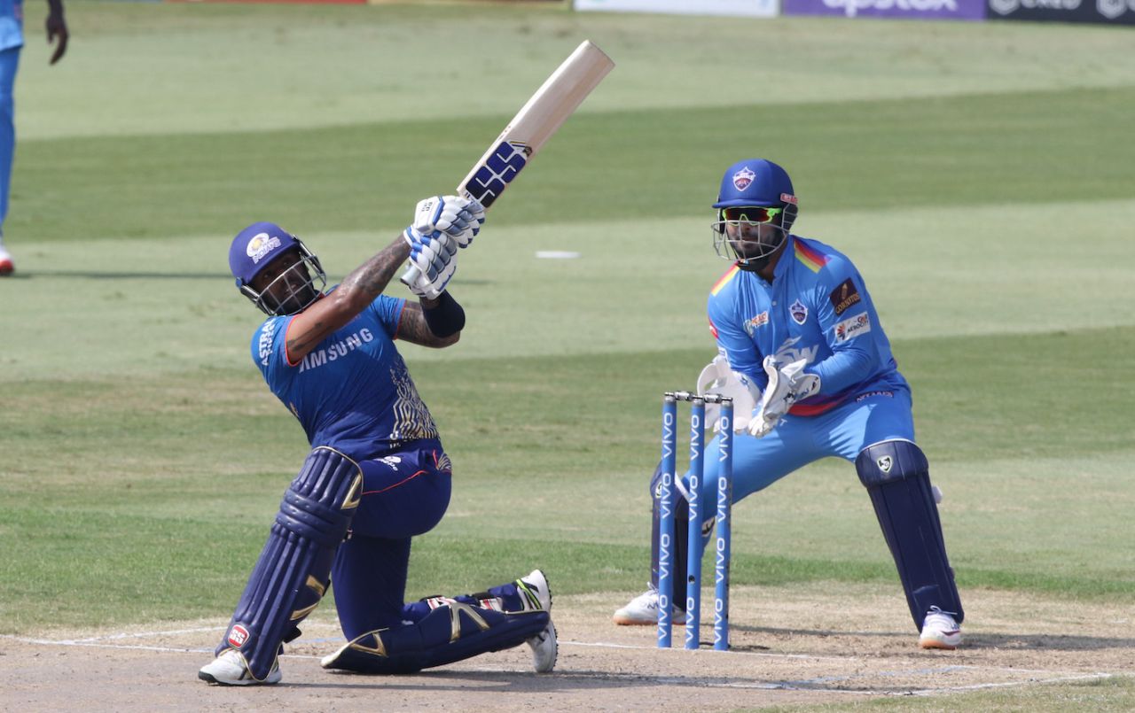 Suryakumar Yadav plays a slog sweep, Mumbai Indians vs Delhi Capitals, IPL 2021, Sharjah, October 2, 2021