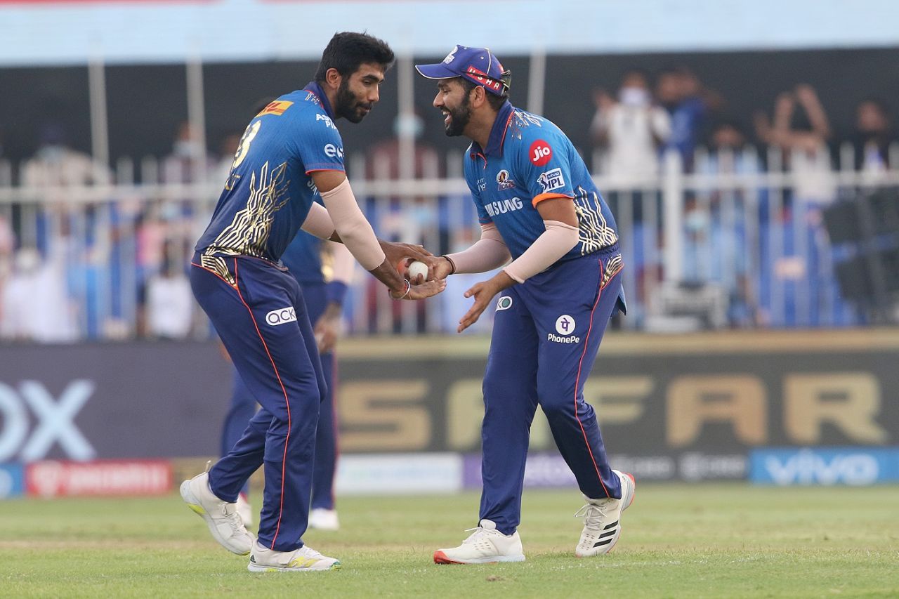 Jasprit Bumrah and Rohit Sharma celebrate, Mumbai Indians vs Delhi Capitals, IPL 2021, Sharjah, October 2, 2021