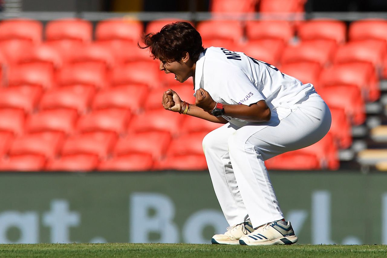 Meghna Singh celebrates her first Test wicket, Australia Women vs India Women, Only Test, Day 4, Carrara, October 3, 2021