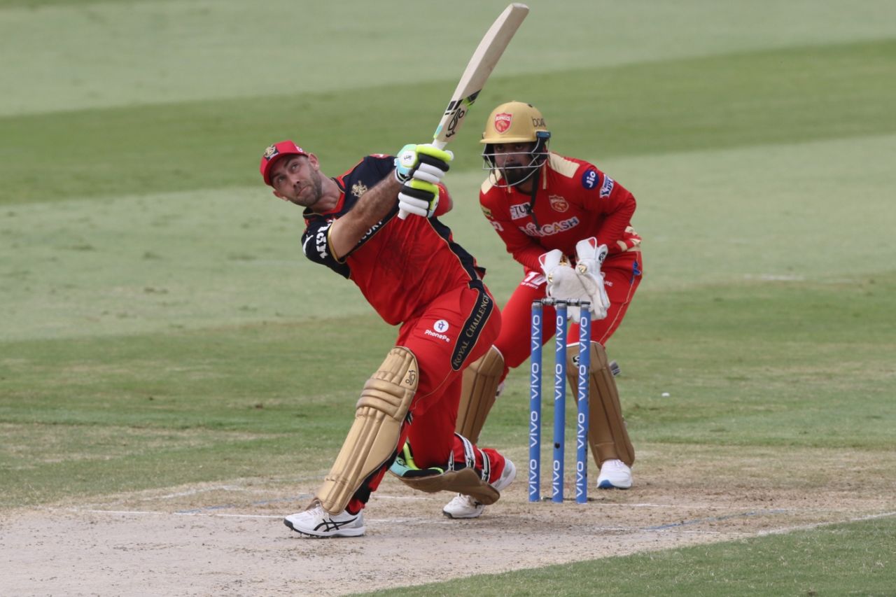 Glenn Maxwell watches one sail away off his bat, Royal Challengers Bangalore vs Punjab Kings, IPL 2021, Sharjah, October 3, 2021