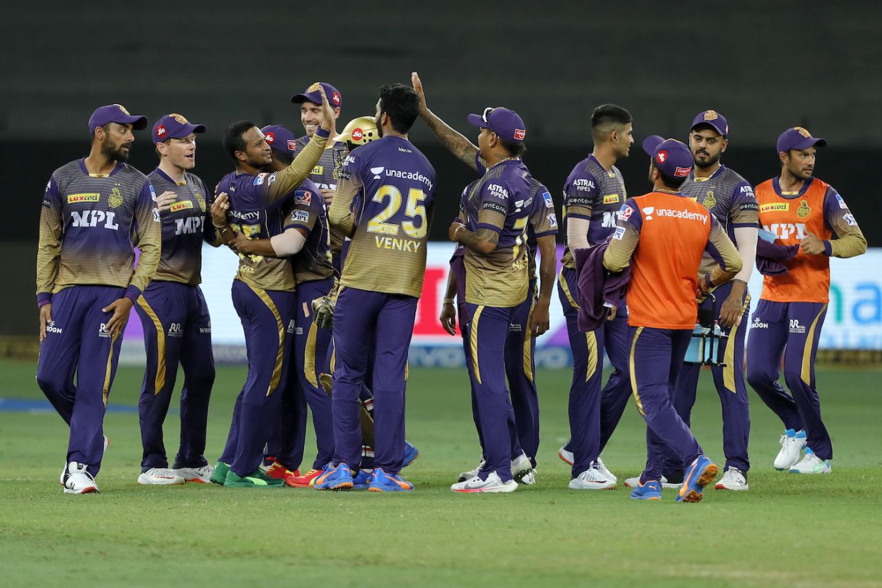 The Kolkata Knight Riders players celebrate a wicket, Kolkata Knight Riders vs Sunrisers Hyderabad, IPL 2021, Dubai, October 3, 2021