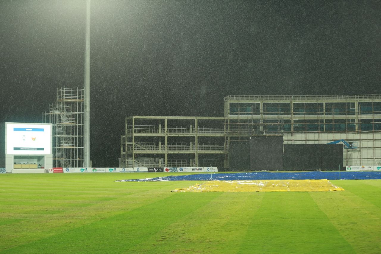 Rain lashes down at the Al Amerat Cricket Ground, Al Amerat