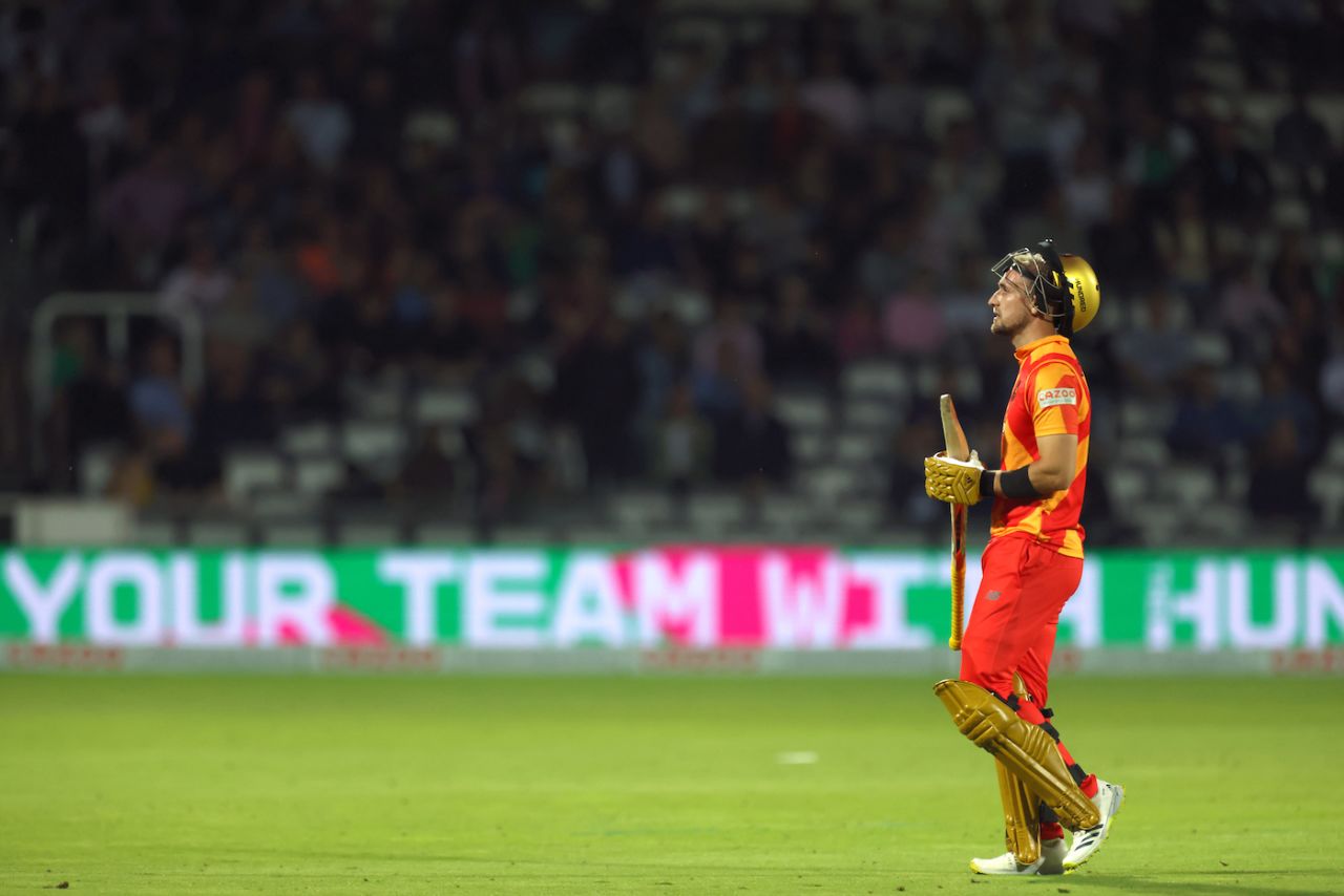 Liam Livingstone walks back after being dismissed, Birmingham Phoenix vs Southern Brave, Men's Hundred final, Lord's, August 21, 2021