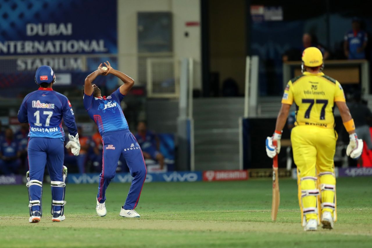 R Ashwin completes a caught and bowled to send Robin Uthappa back, Delhi Capitals vs Chennai Super Kings, IPL 2021, Dubai, October 4, 2021