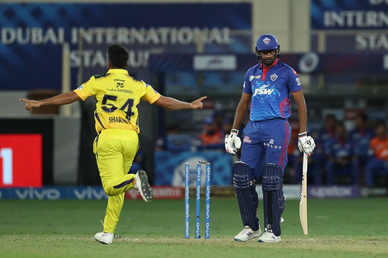 R Ashwin is bowled by Shardul Thakur, Delhi Capitals vs Chennai Super Kings, IPL 2021, Dubai, October 4, 2021